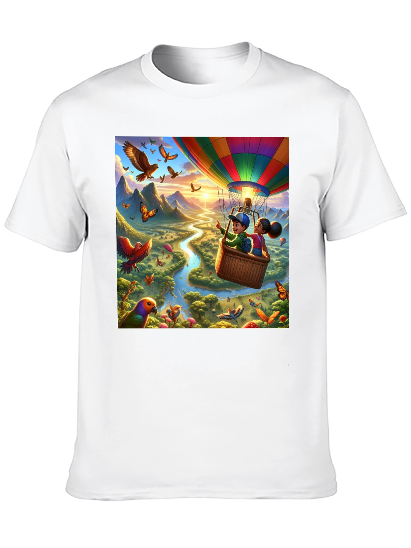Cartoon Hot Air Balloon River Adventure T-Shirt