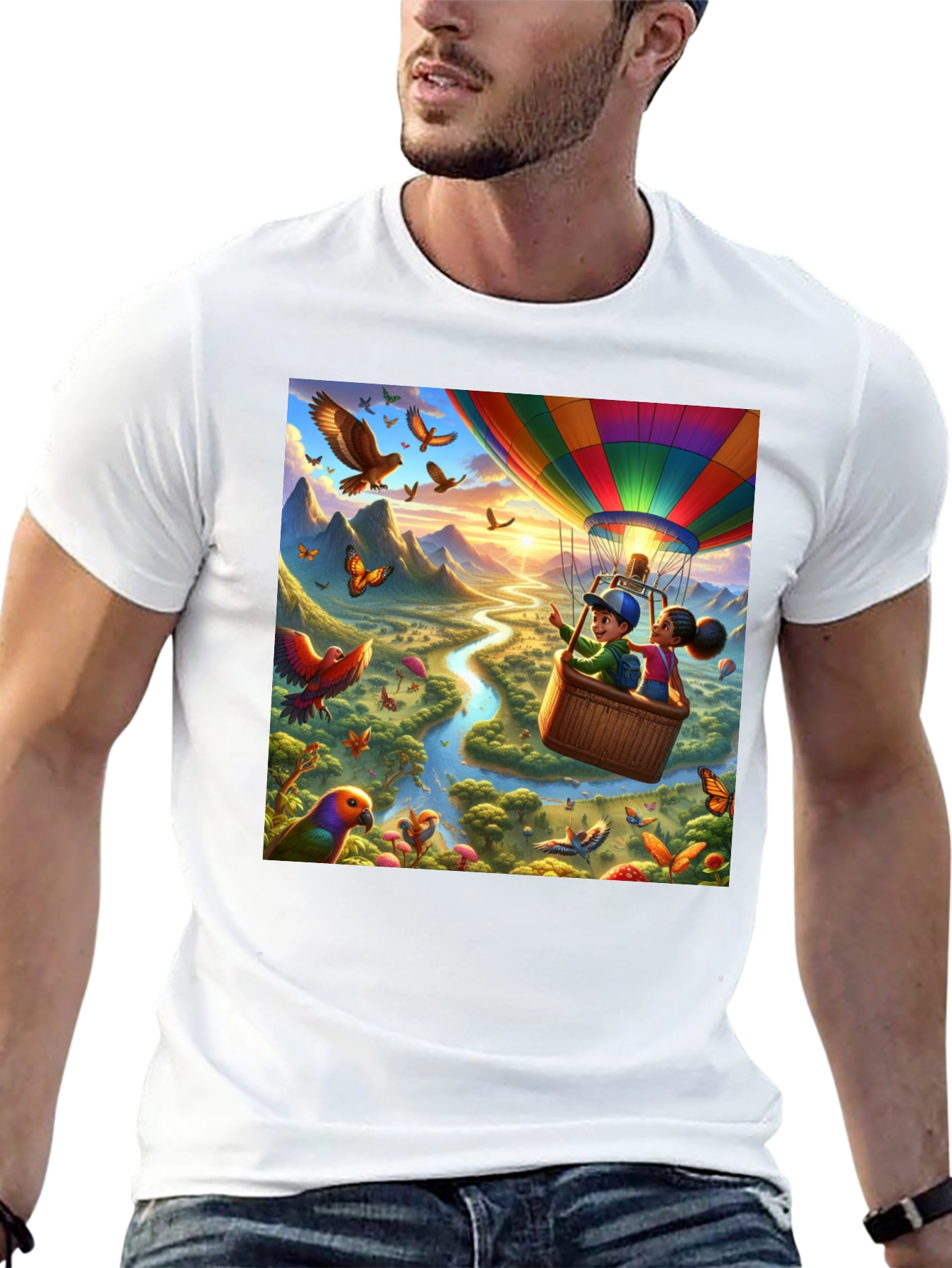 Cartoon Hot Air Balloon River Adventure T-Shirt