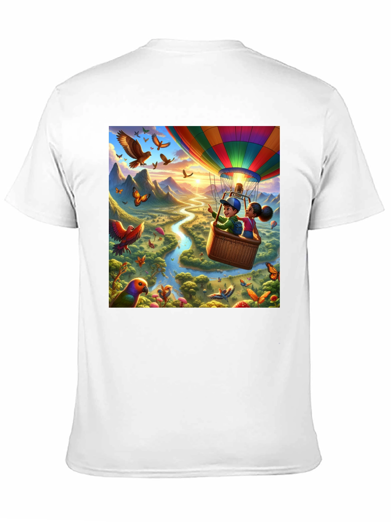 Cartoon Hot Air Balloon River Adventure T-Shirt