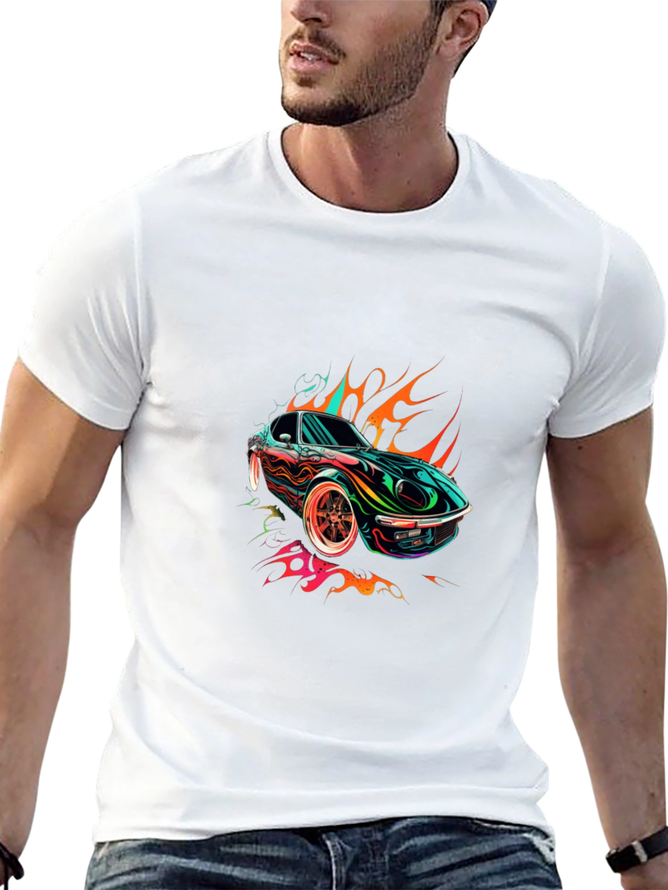Flaming Car Graphic Tee - Stylish Cotton Blend