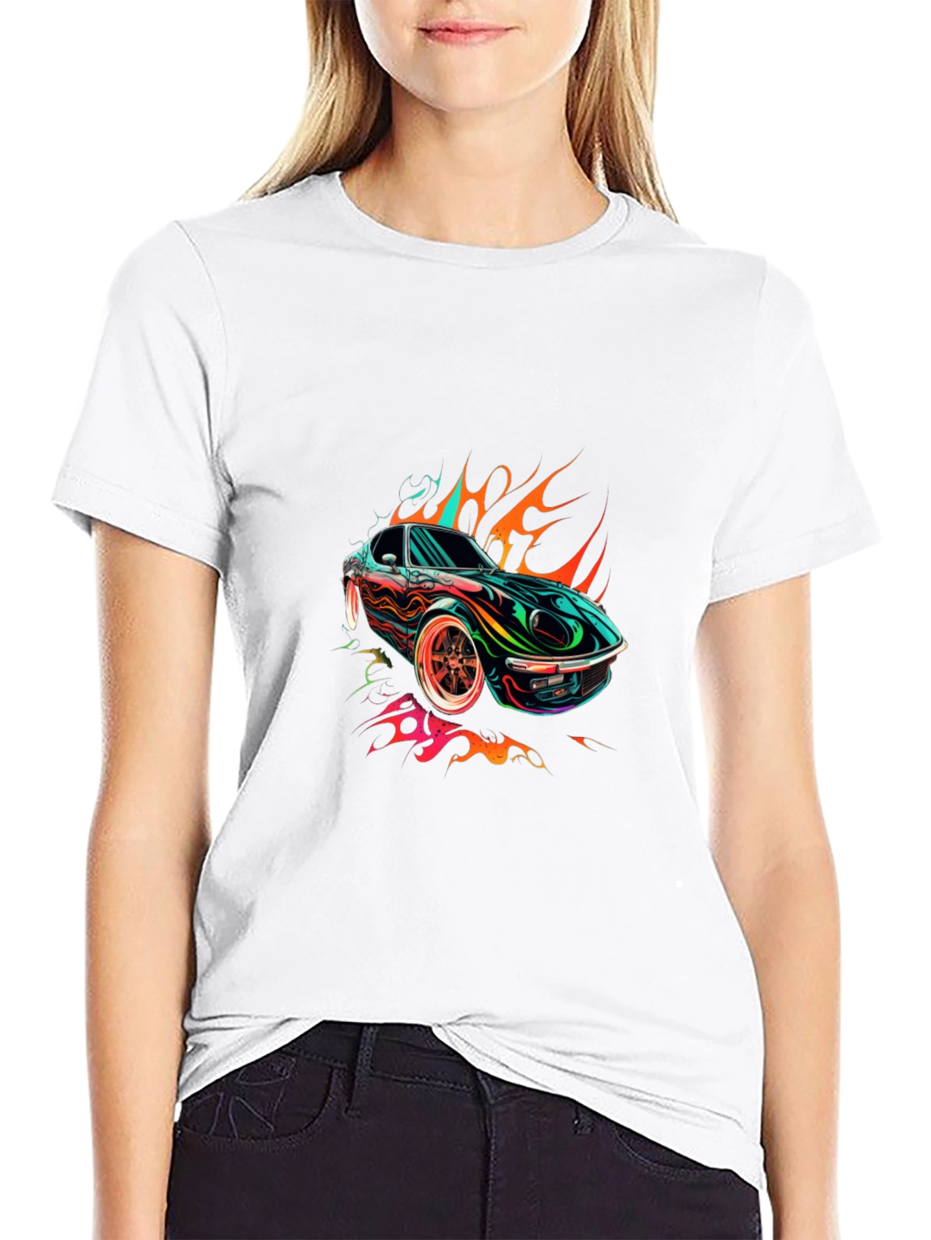 Flaming Car Graphic Tee - Stylish Cotton Blend