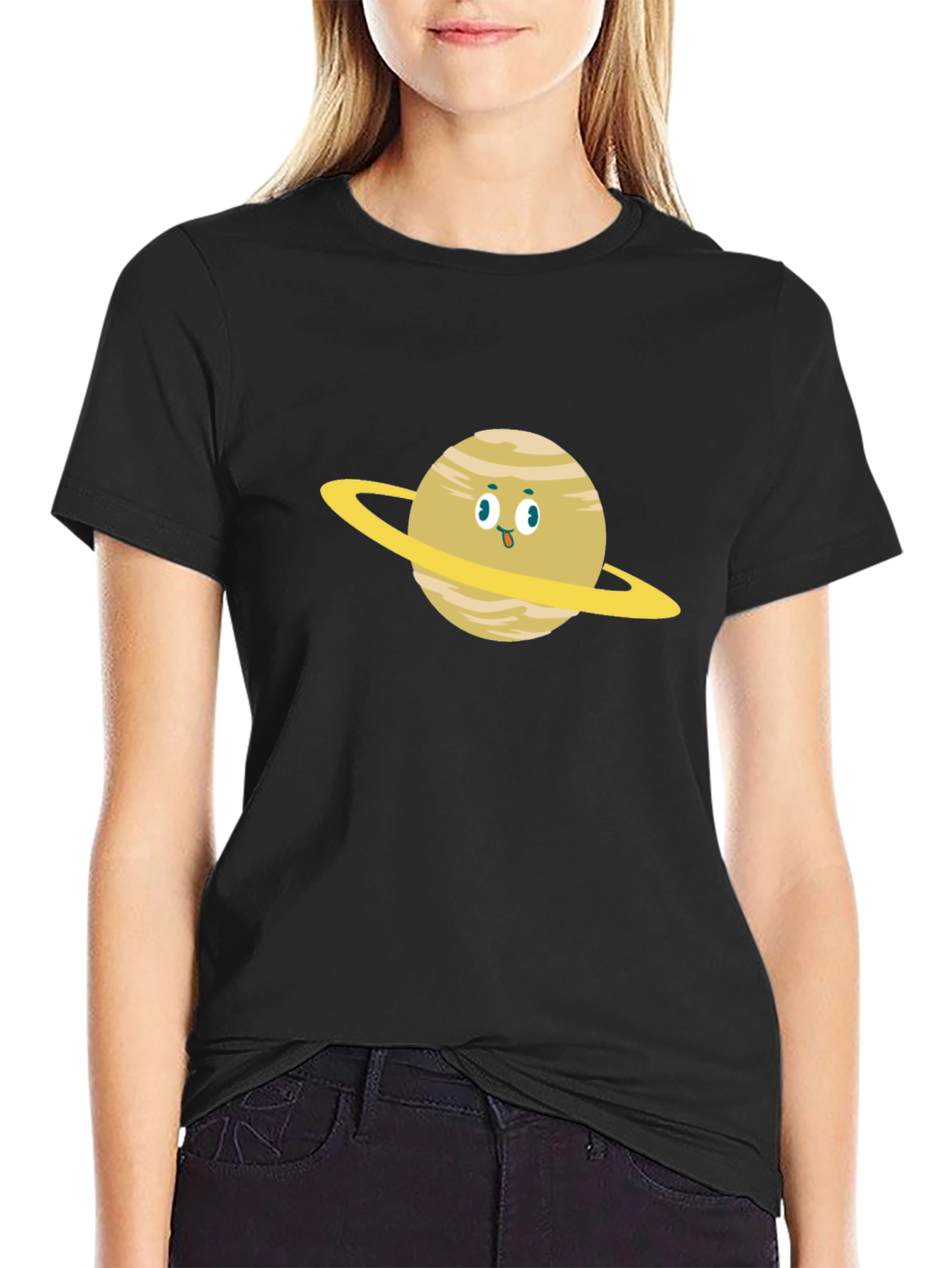 Saturn Cartoon Graphic T-Shirt - Black
