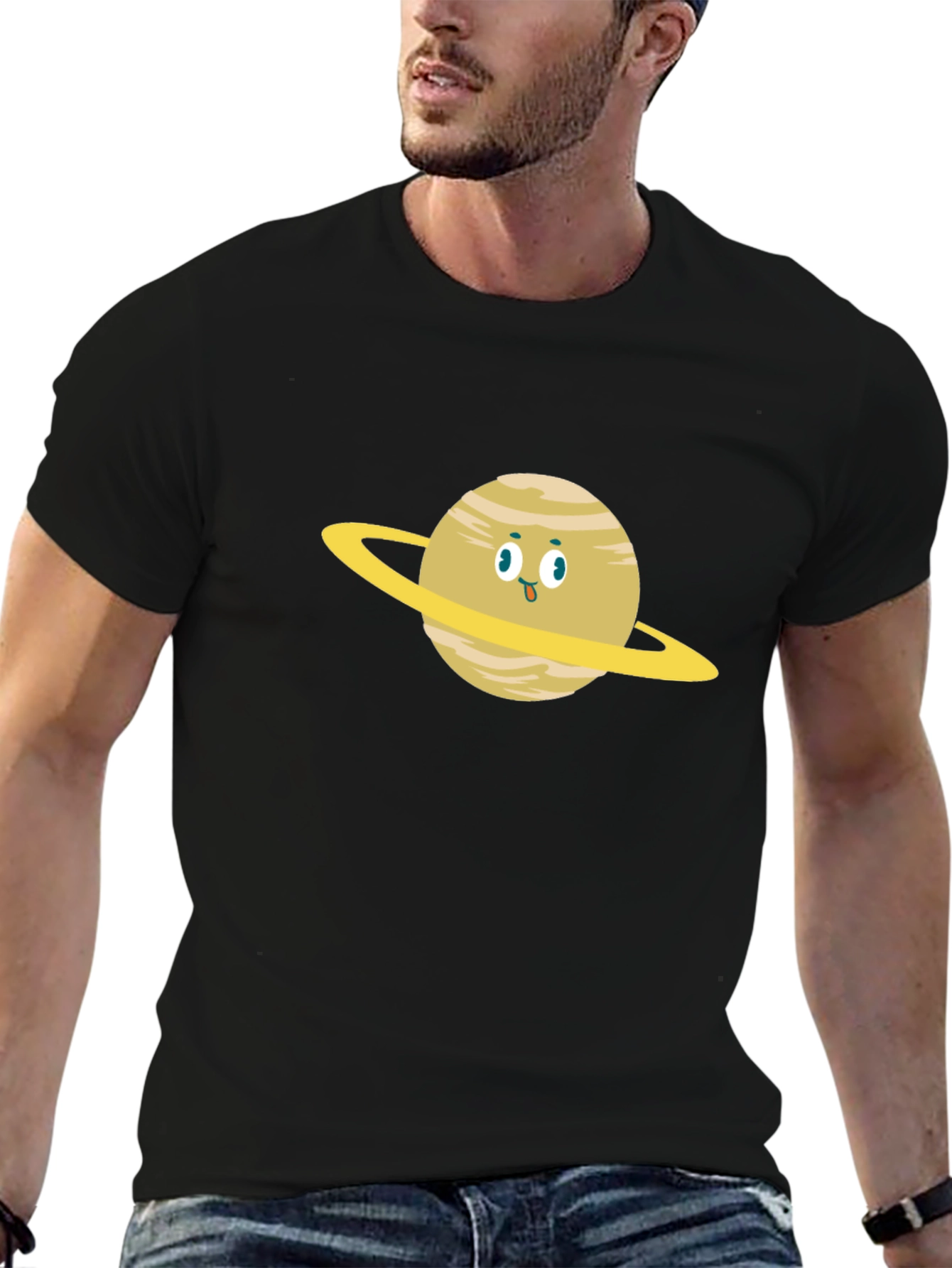Saturn Cartoon Graphic T-Shirt - Black