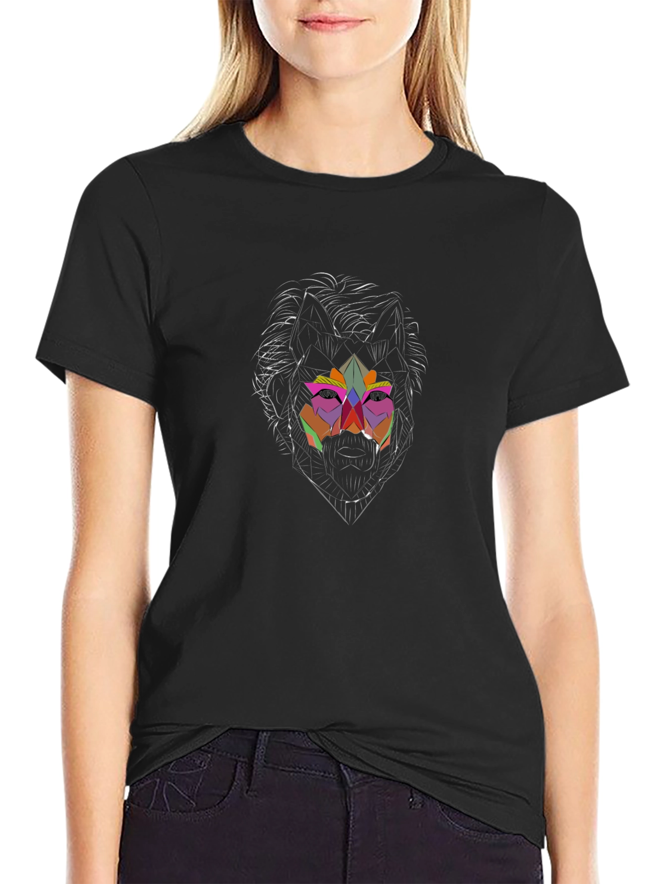 Geometric Wolf Graphic Black T-Shirt