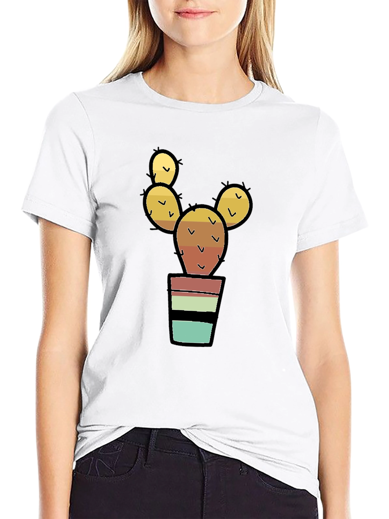Cactus in Pot Graphic Print Black T-Shirt