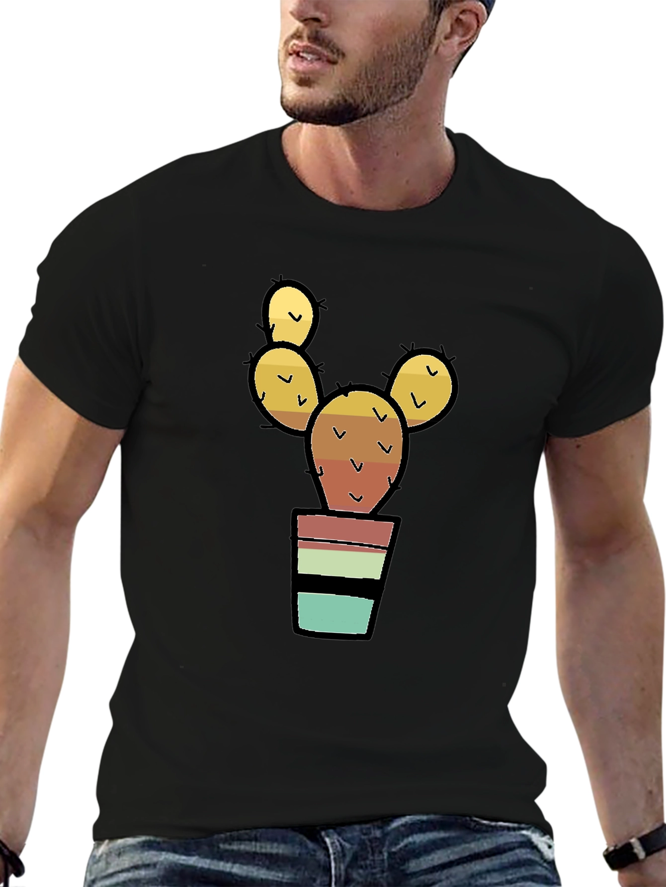 Cactus in Pot Graphic Print Black T-Shirt