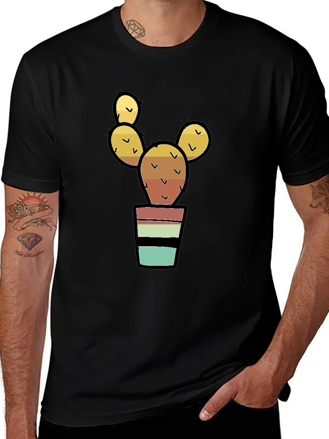 Cactus in Pot Graphic Print Black T-Shirt