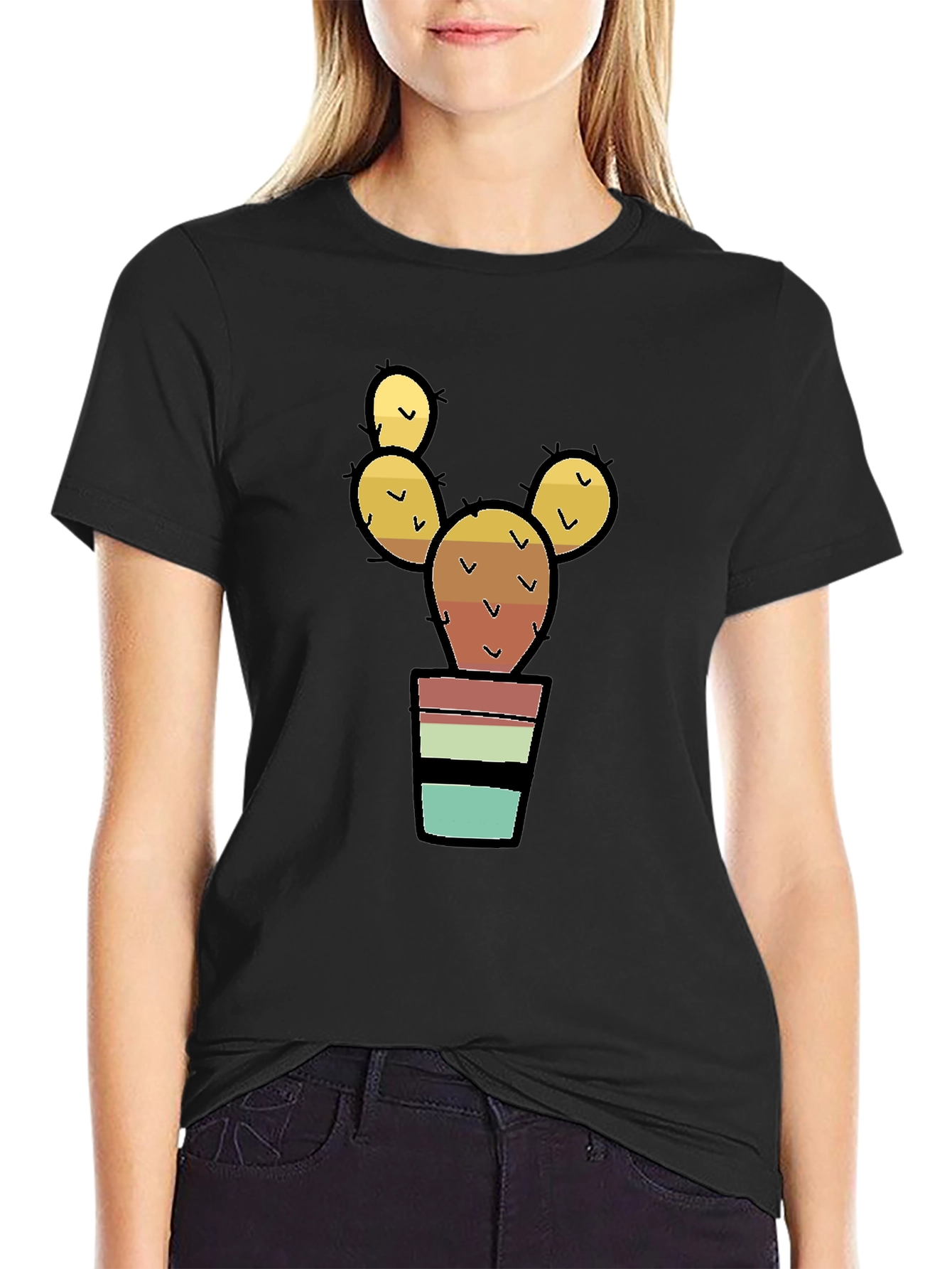 Cactus in Pot Graphic Print Black T-Shirt