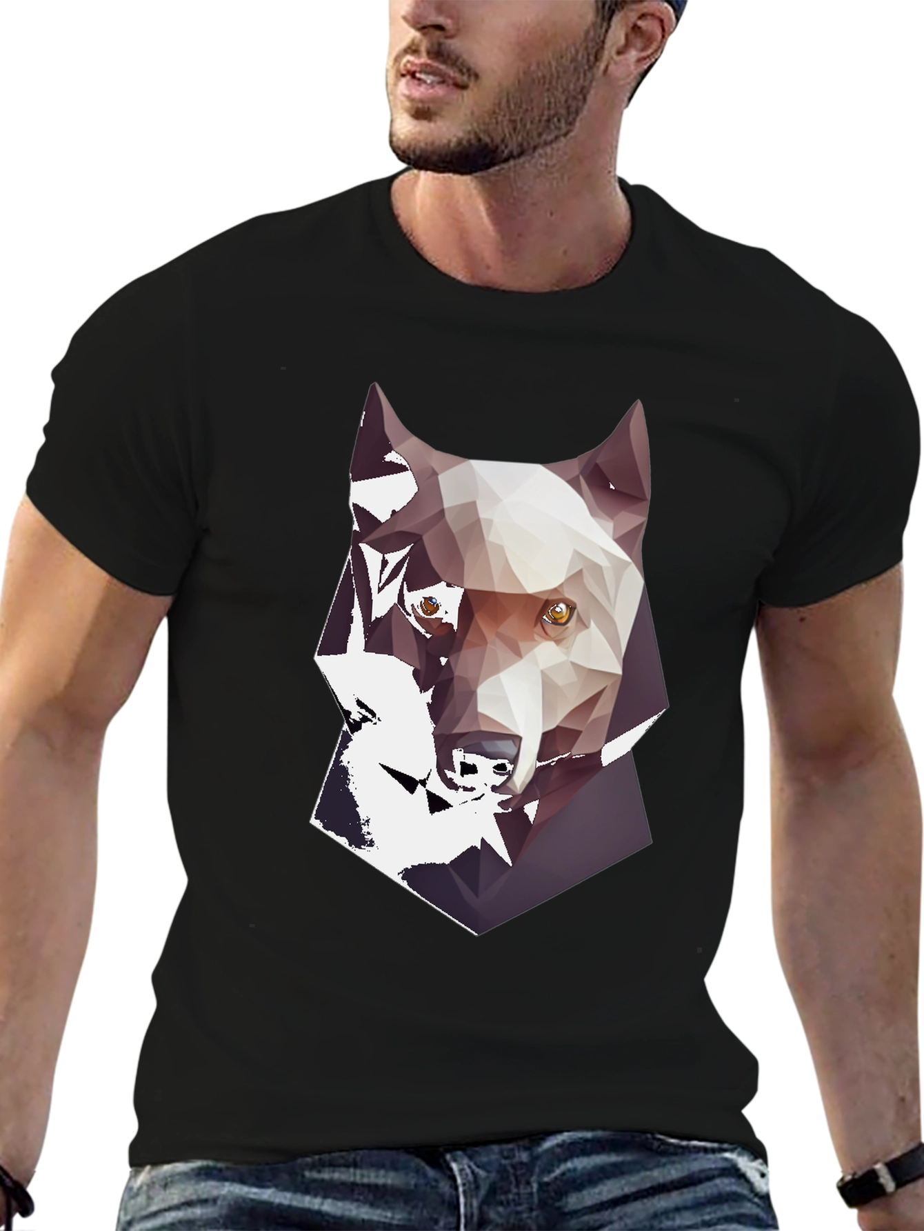 Geometric Wolf Graphic Print Mens Black T-Shirt