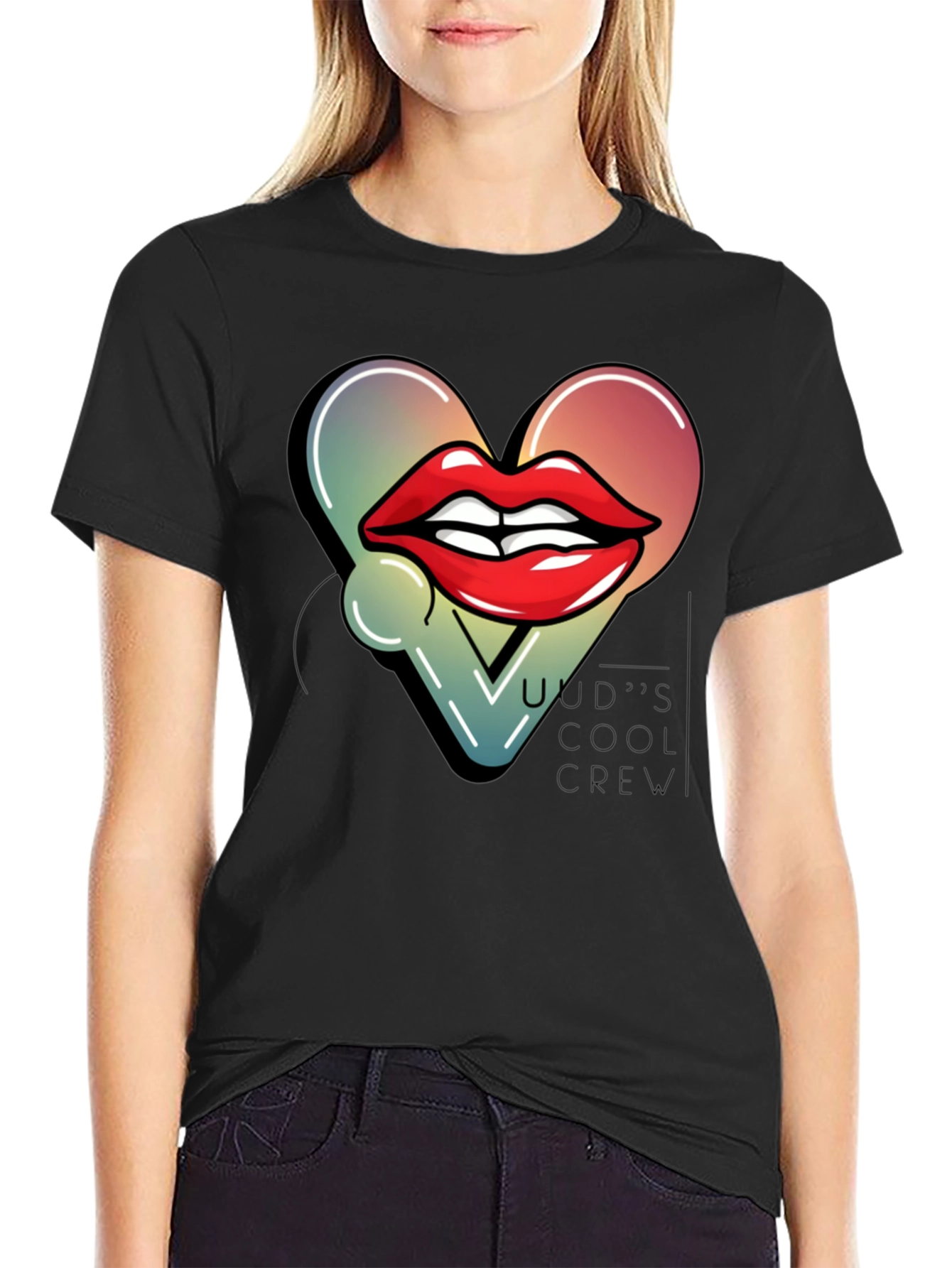 Trendy Lips Heart Graphic Black T-Shirt