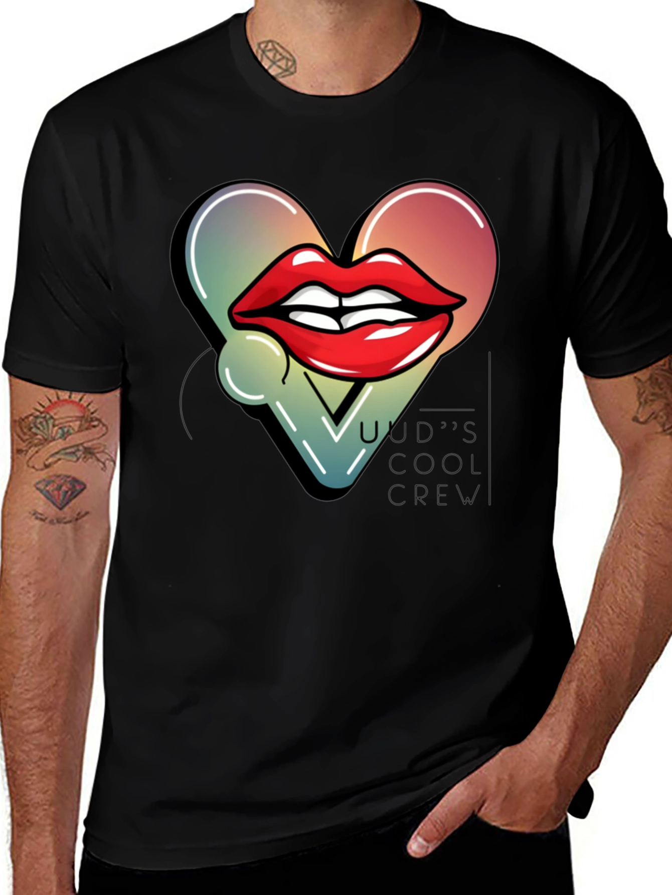 Trendy Lips Heart Graphic Black T-Shirt