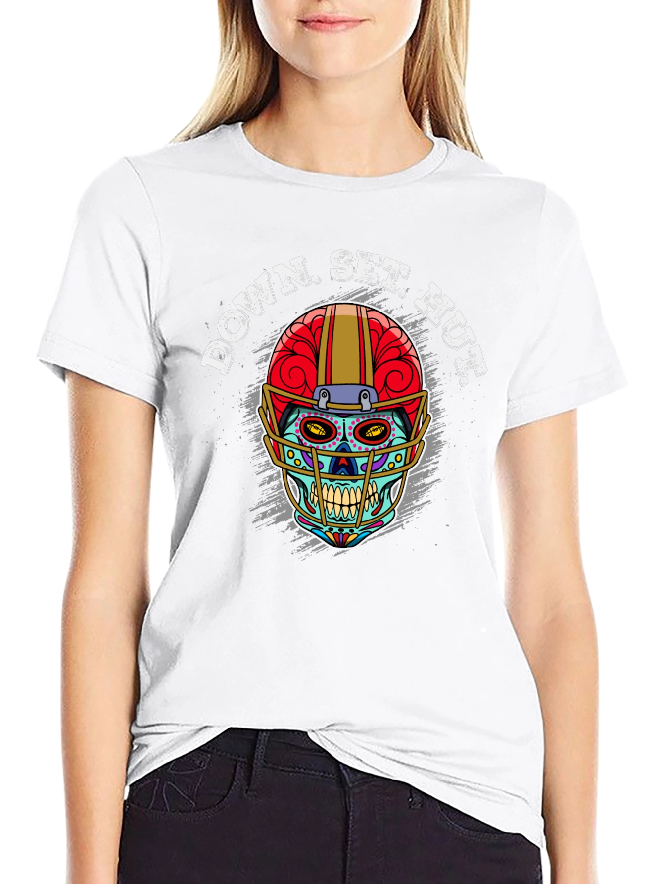 Down Set Hut Football Skull T-Shirt