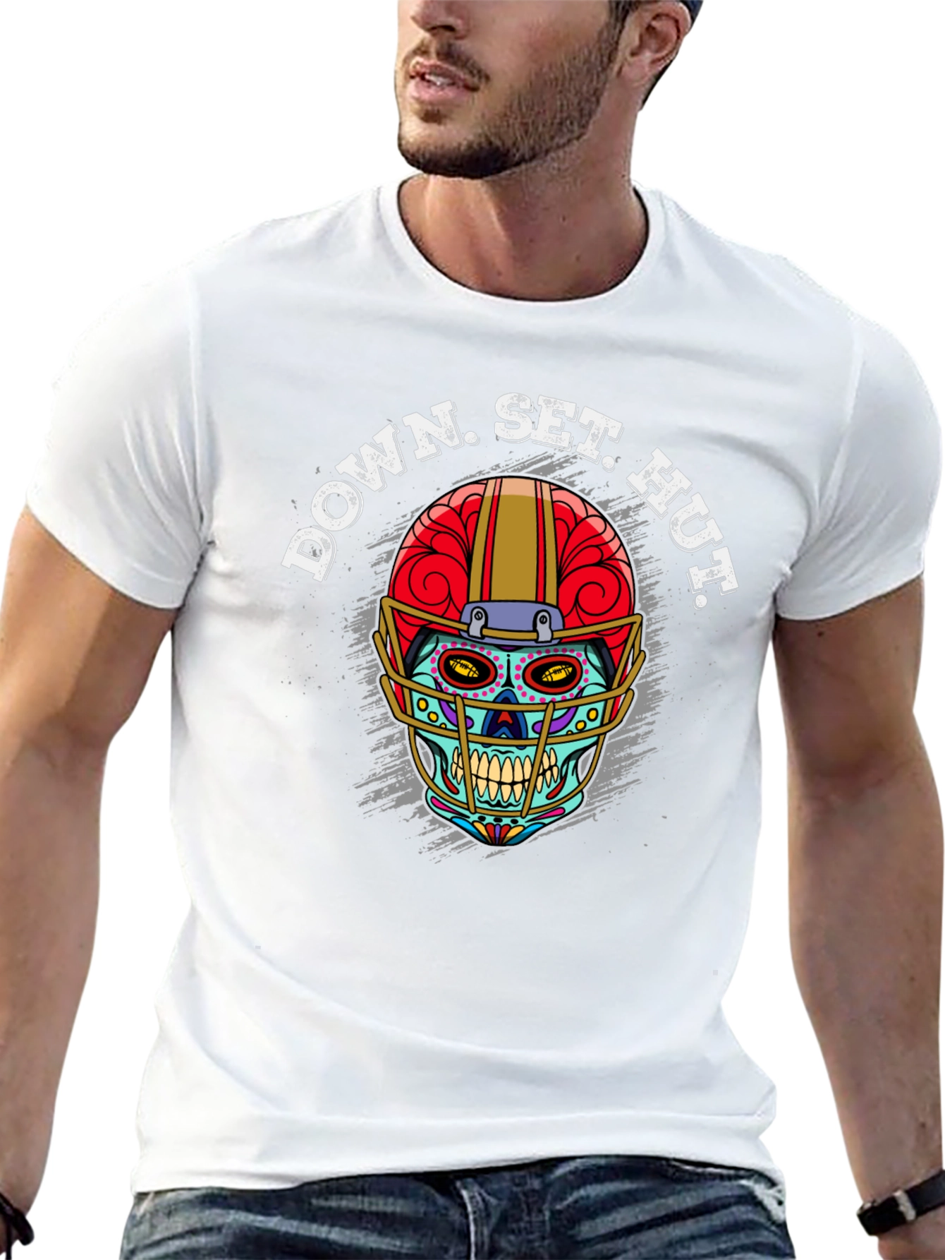 Down Set Hut Football Skull T-Shirt