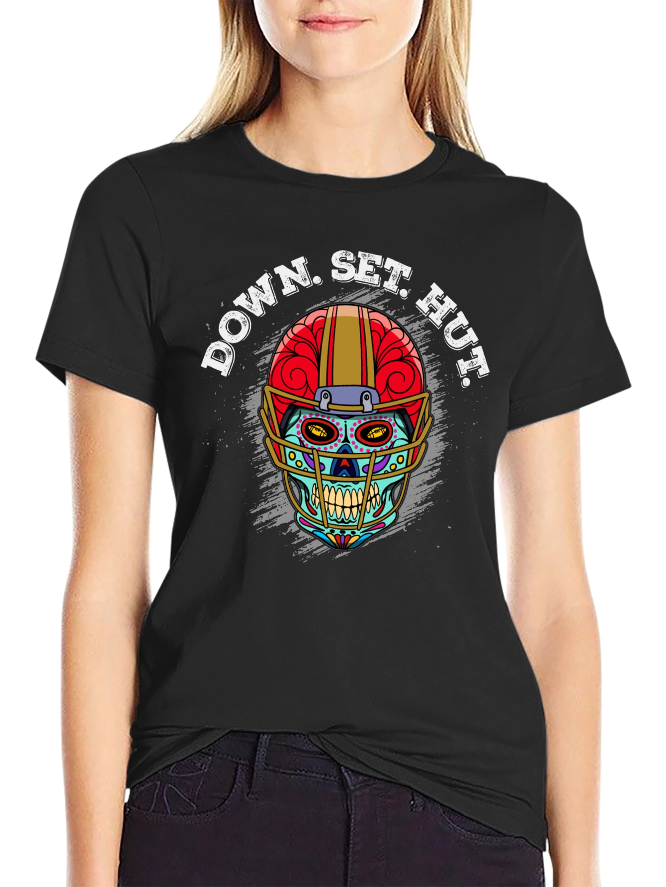 Down Set Hut Football Skull T-Shirt