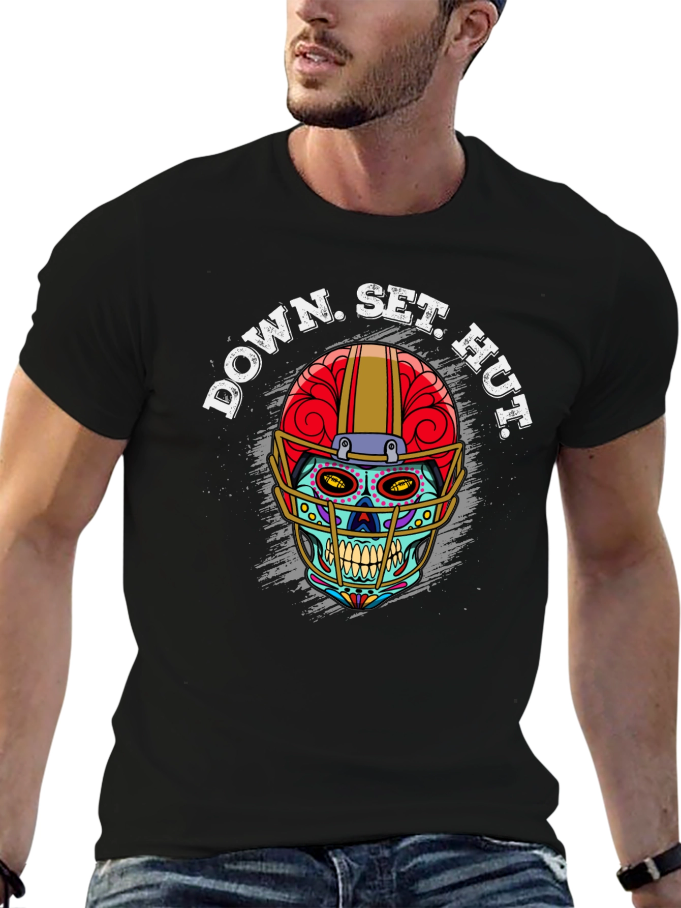Down Set Hut Football Skull T-Shirt