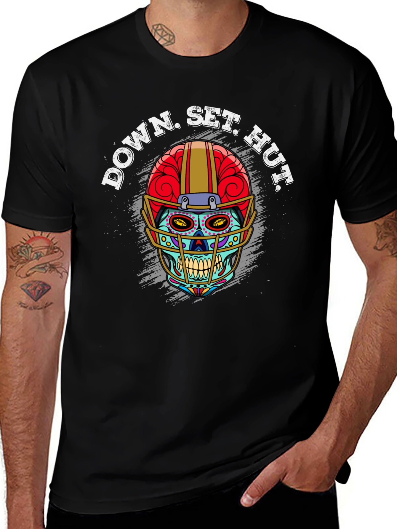 Down Set Hut Football Skull T-Shirt