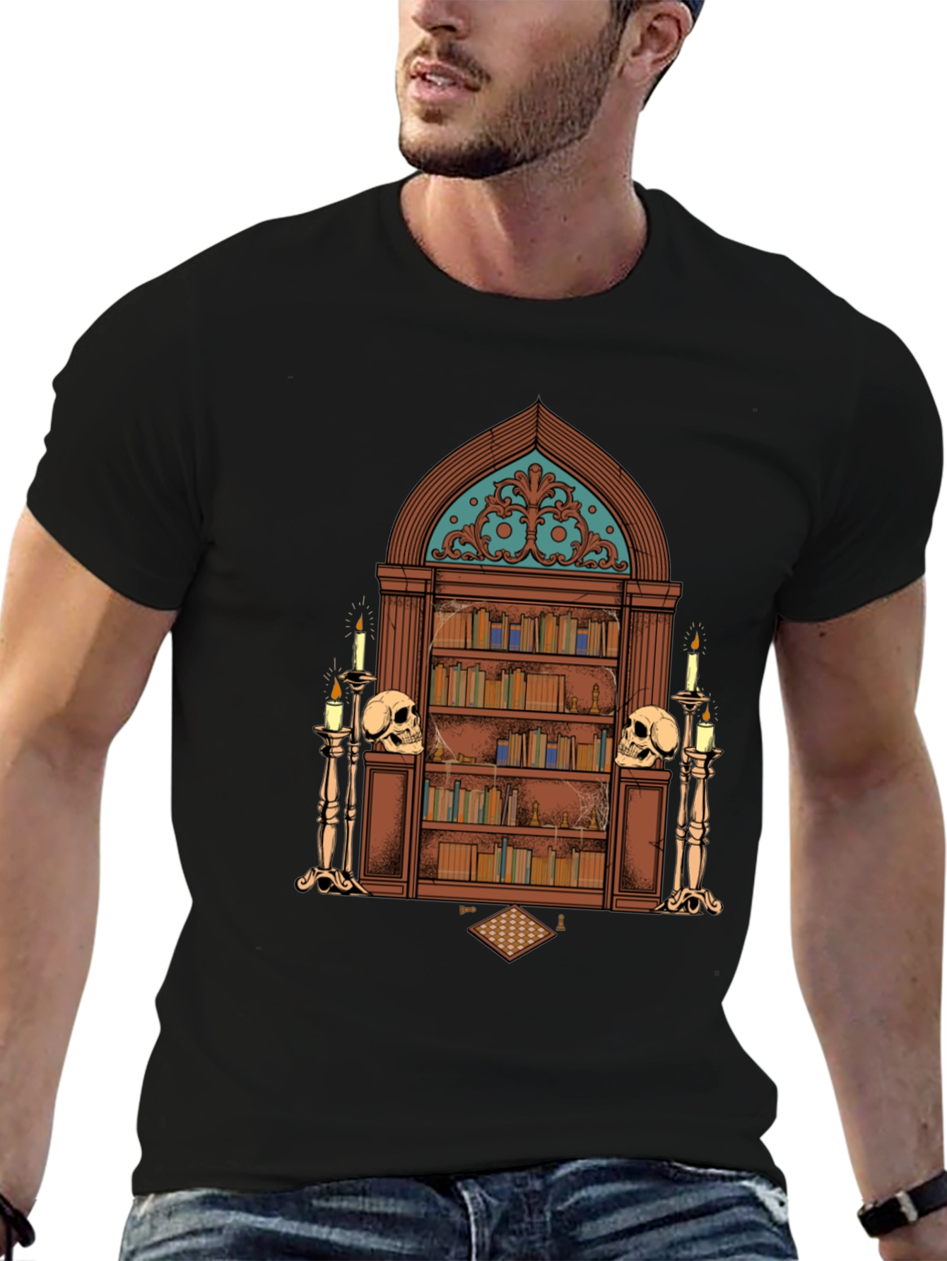 Gothic Library Graphic Tee - Black Novelty T-Shirt