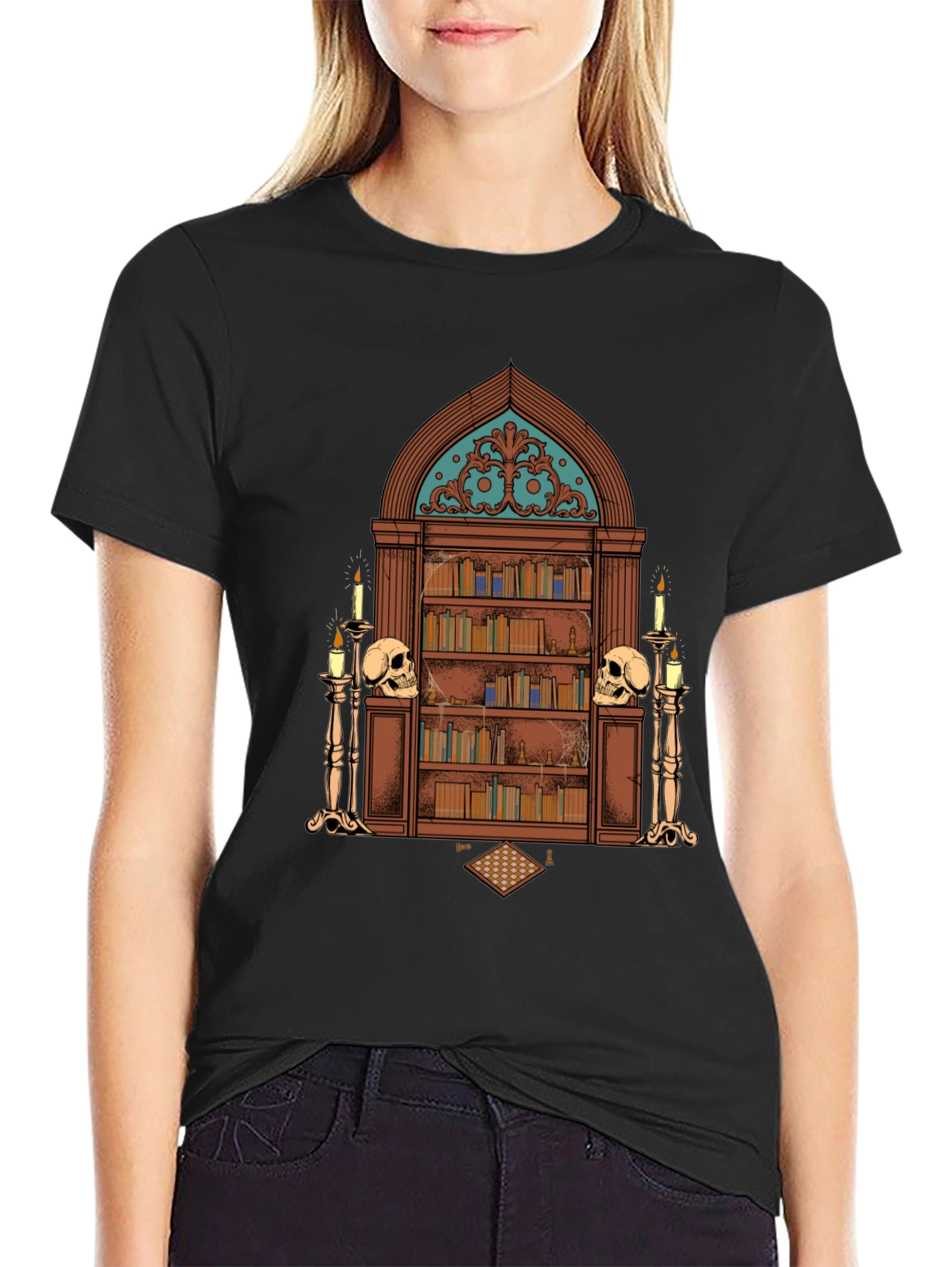 Gothic Library Graphic Tee - Black Novelty T-Shirt
