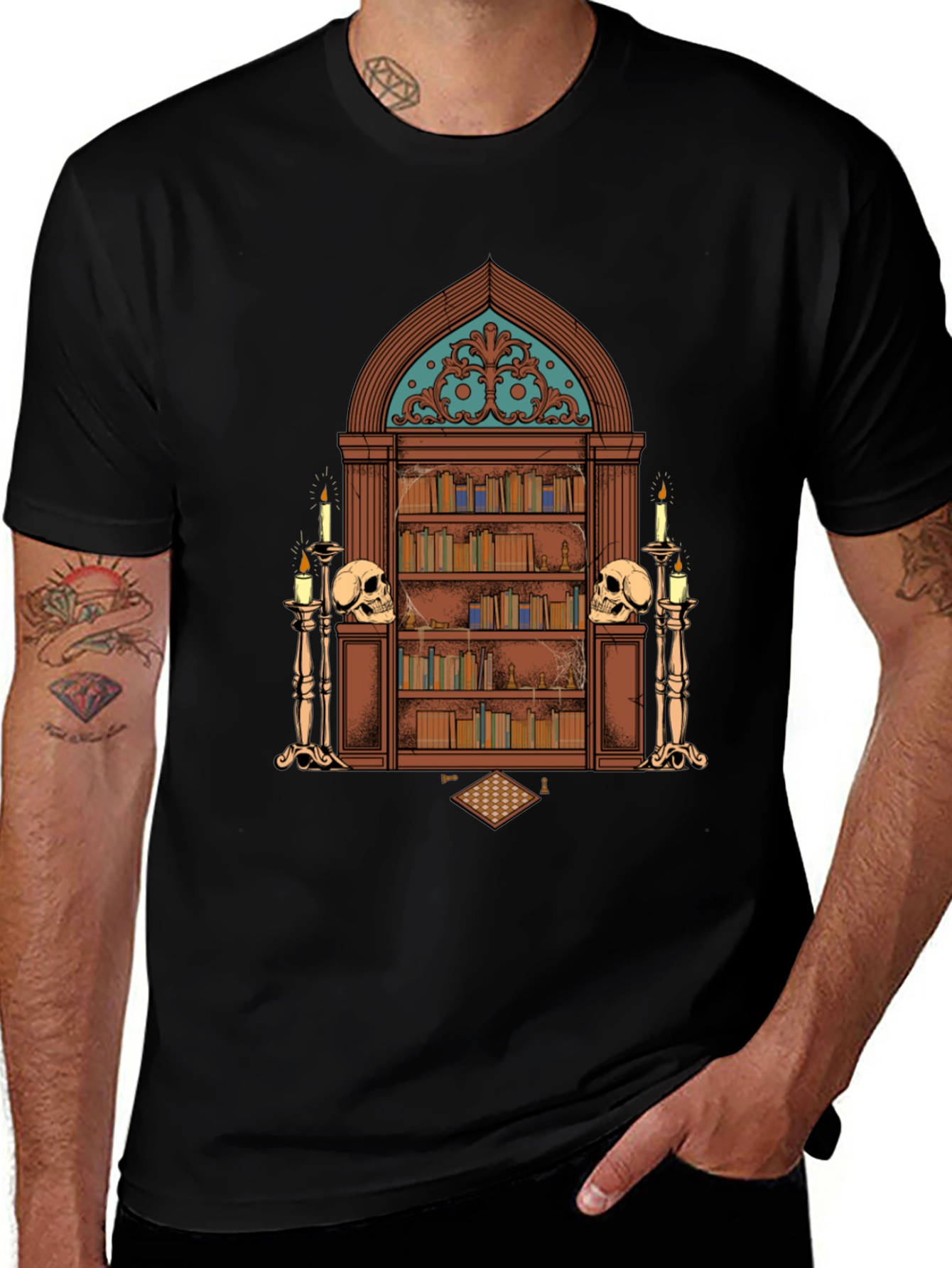 Gothic Library Graphic Tee - Black Novelty T-Shirt