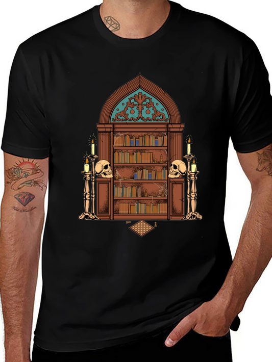 Gothic Library Graphic Tee - Black Novelty T-Shirt