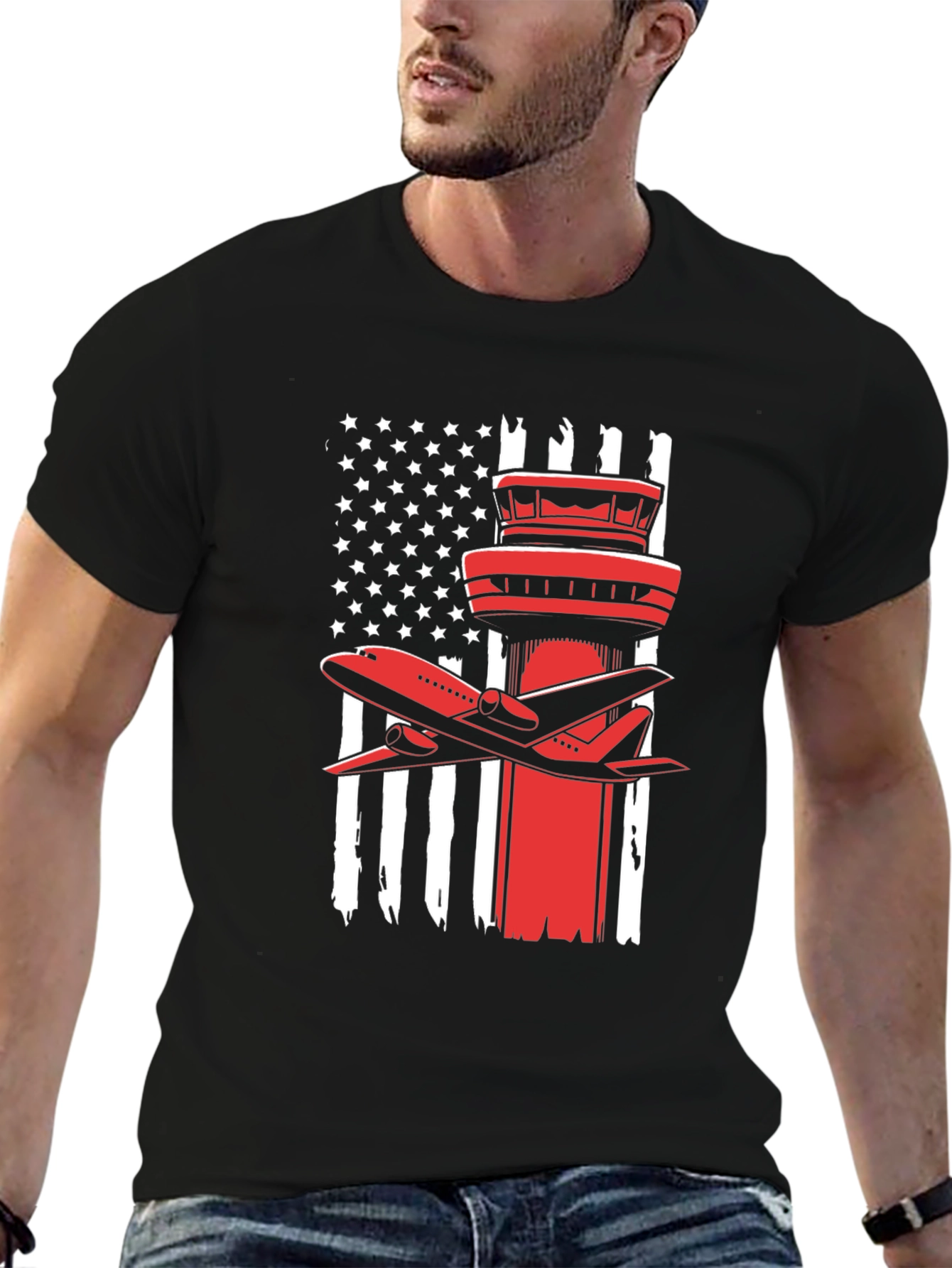 Patriotic Airplane T-Shirt: American Flag Airport Tower
