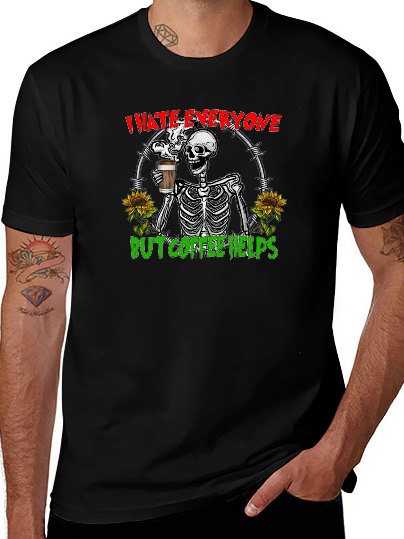 I Hate Everyone But Coffee Helps Skeleton Graphic Tee