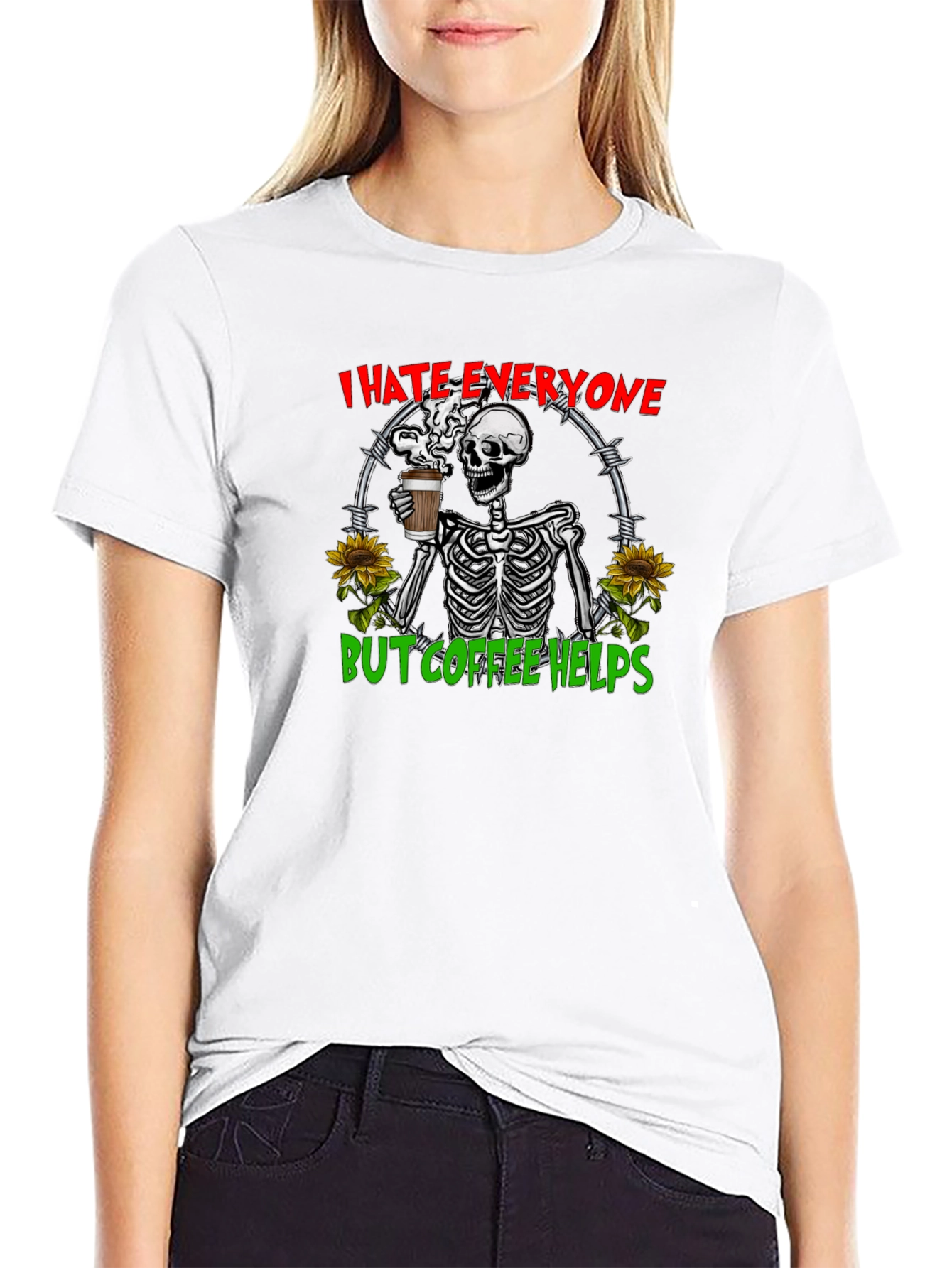 I Hate Everyone But Coffee Helps Skeleton Graphic Tee