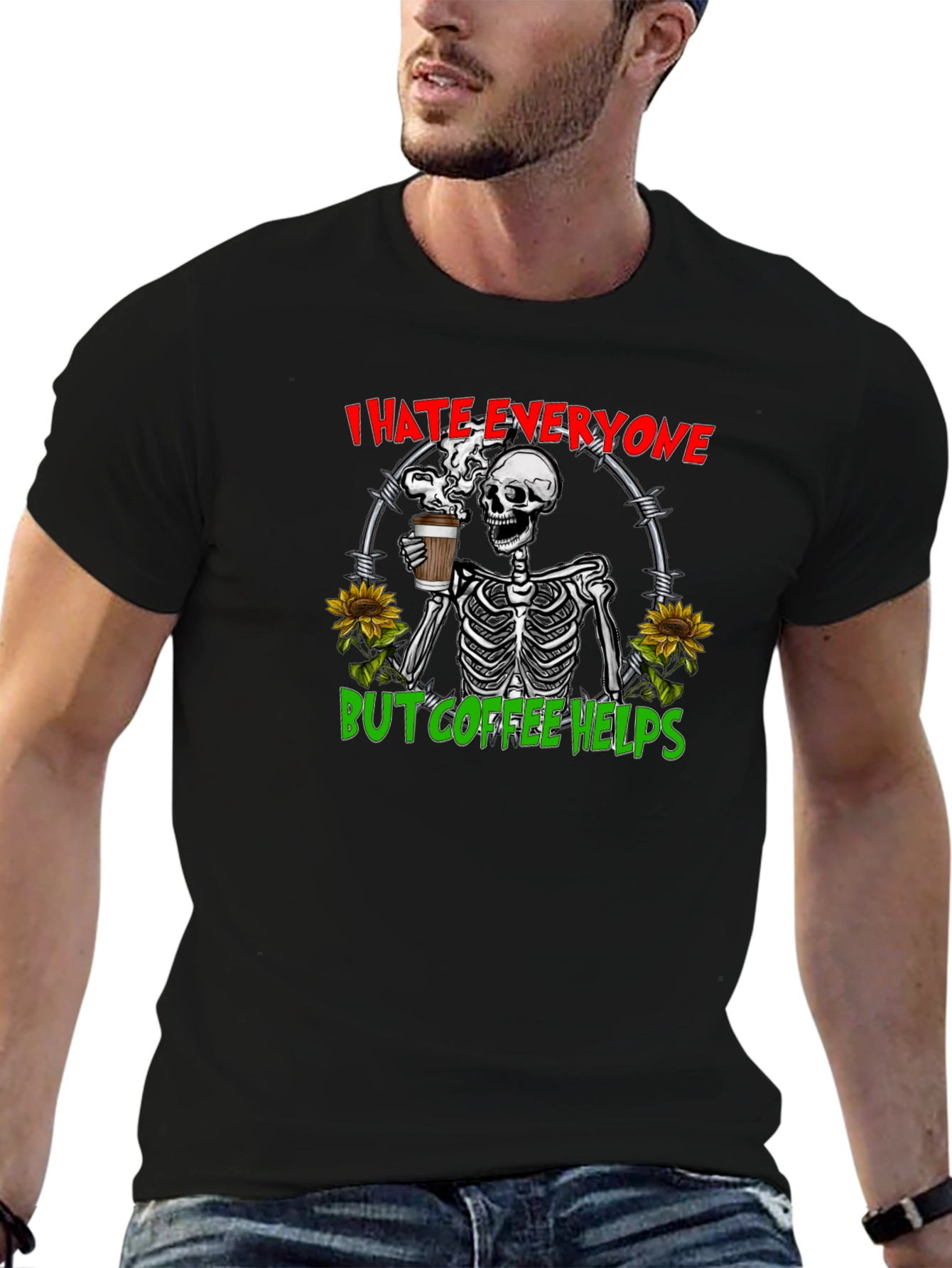 I Hate Everyone But Coffee Helps Skeleton Graphic Tee