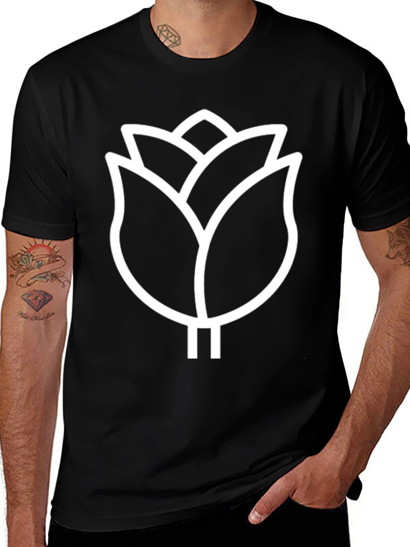 Modern Black T-Shirt with White Floral Design