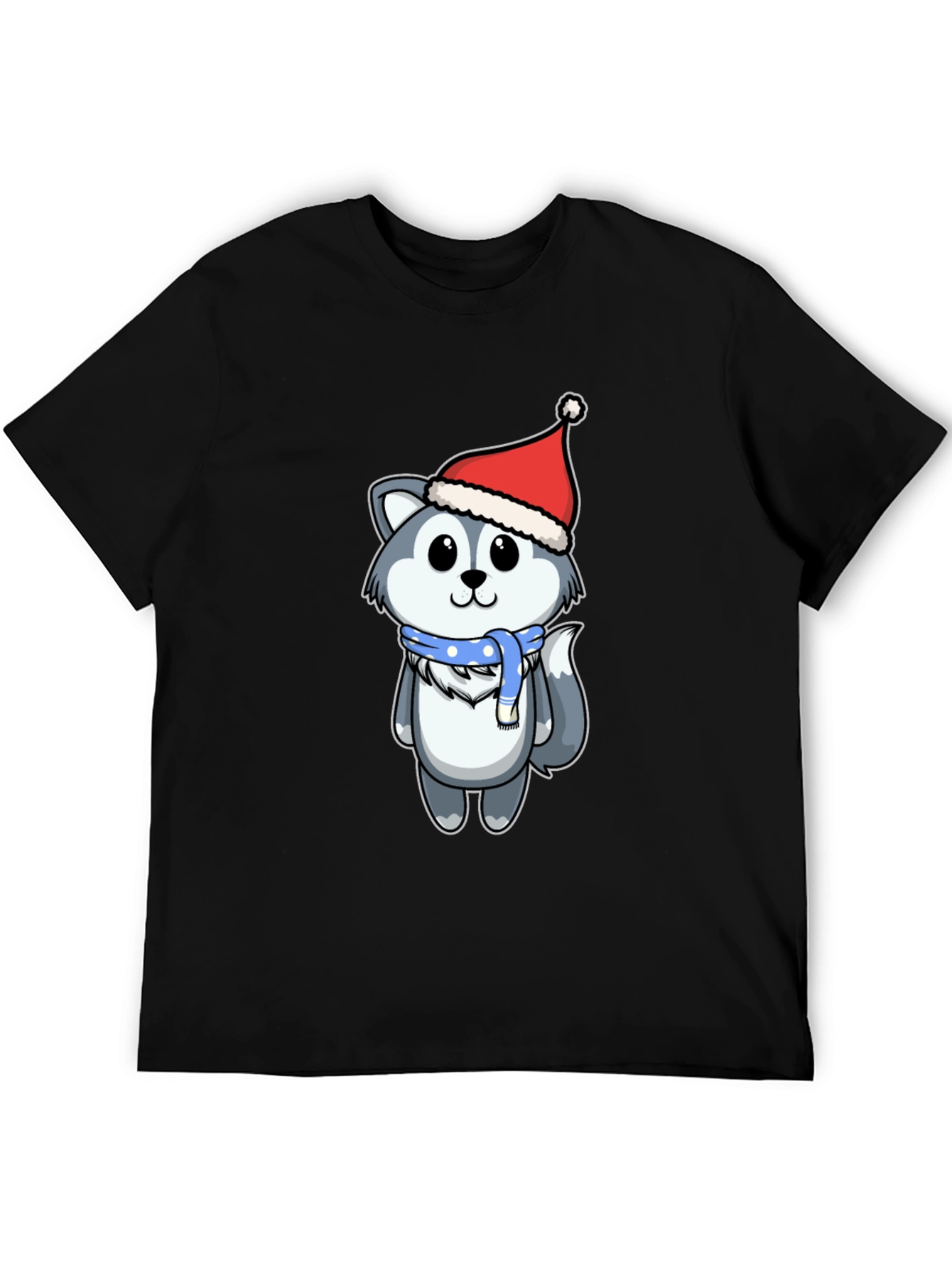 Cute Husky in Santa Hat Graphic Tee - Black