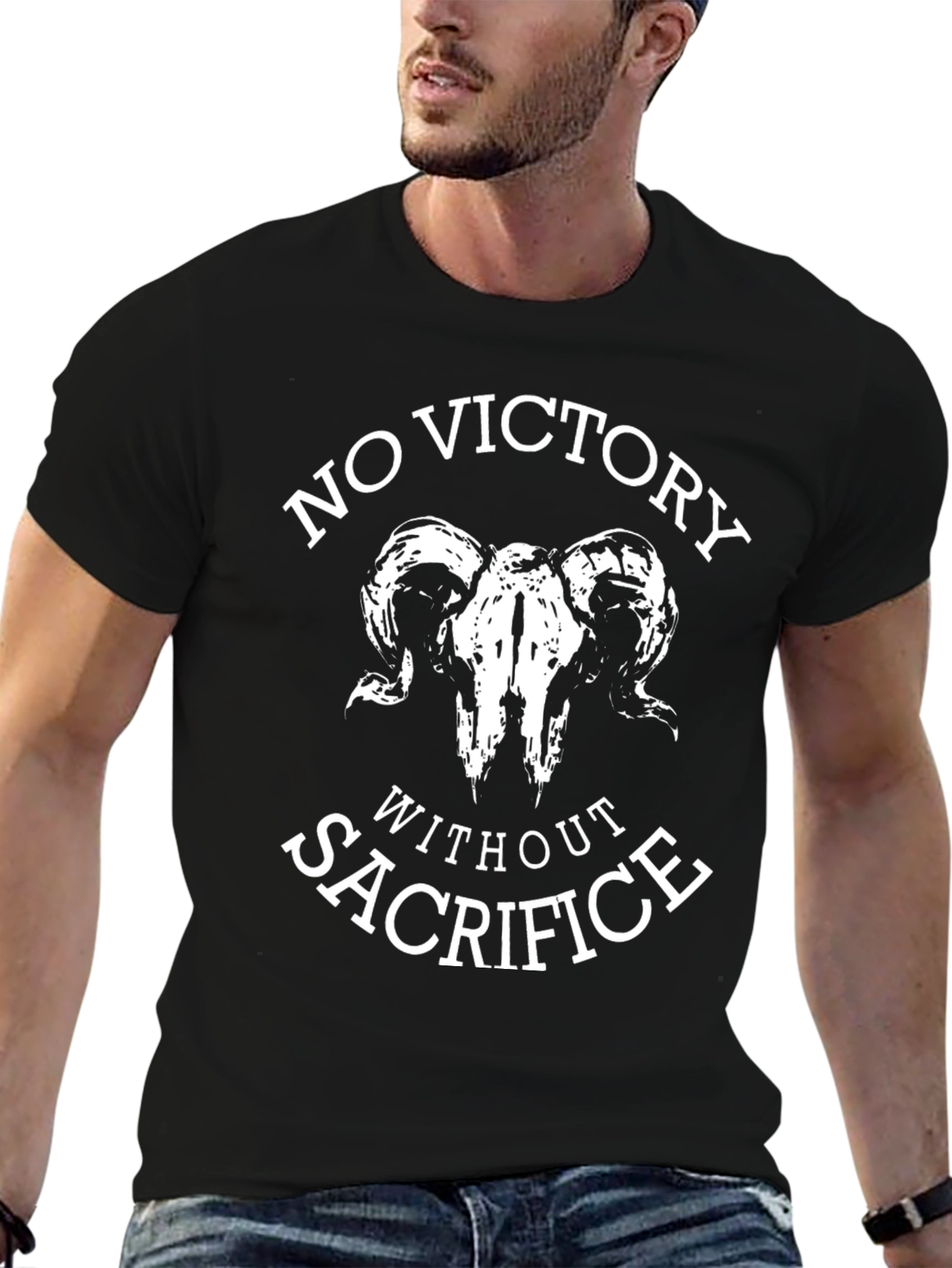 No Victory Without Sacrifice Ram Skull Graphic Tee