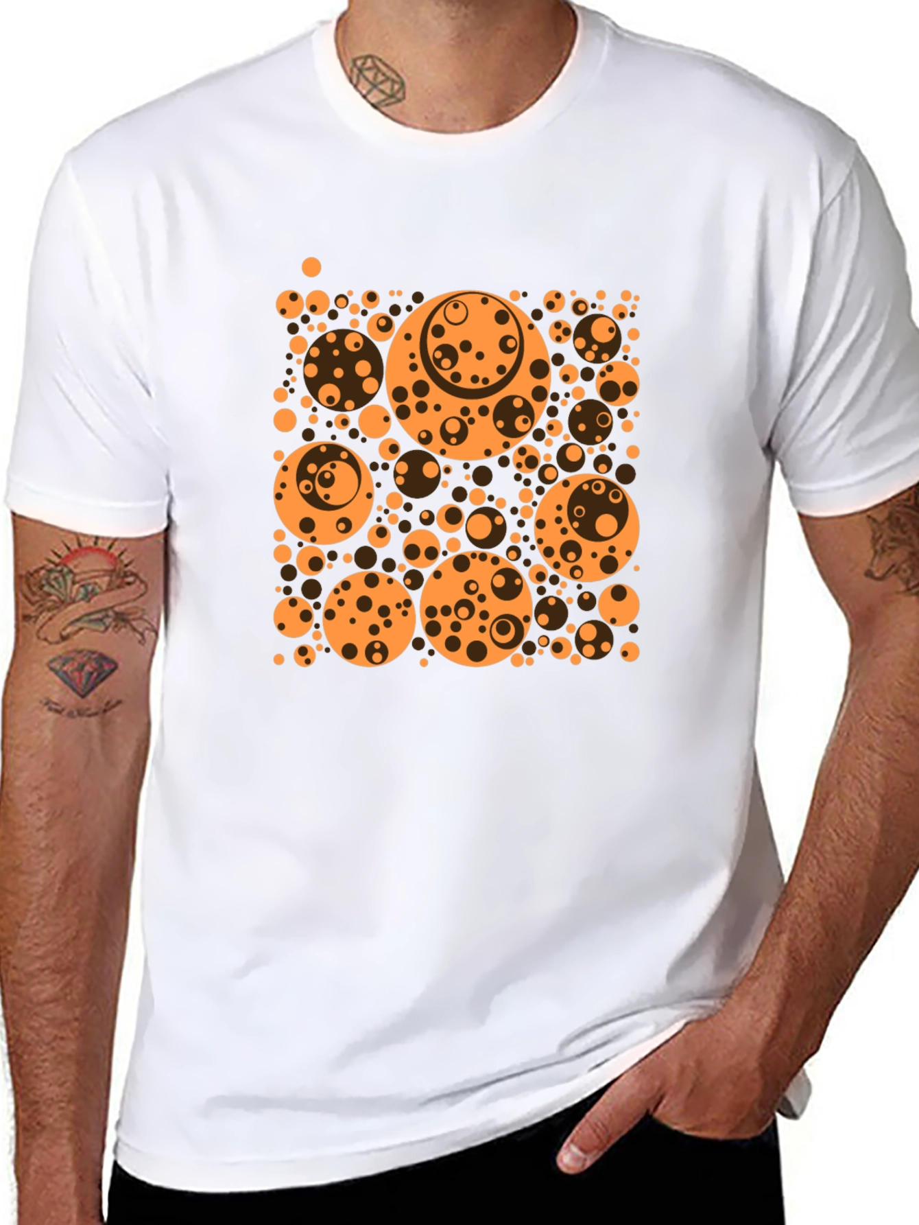 Abstract Orange Circle Pattern Black T-Shirt