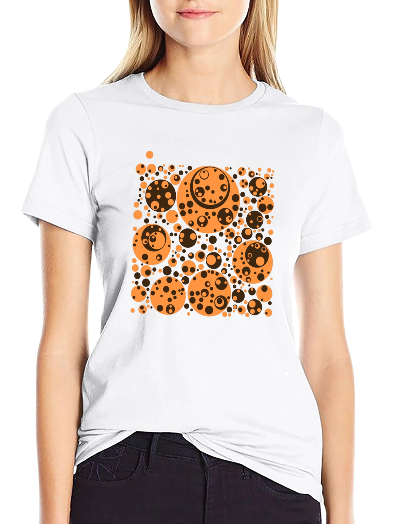 Abstract Orange Circle Pattern Black T-Shirt