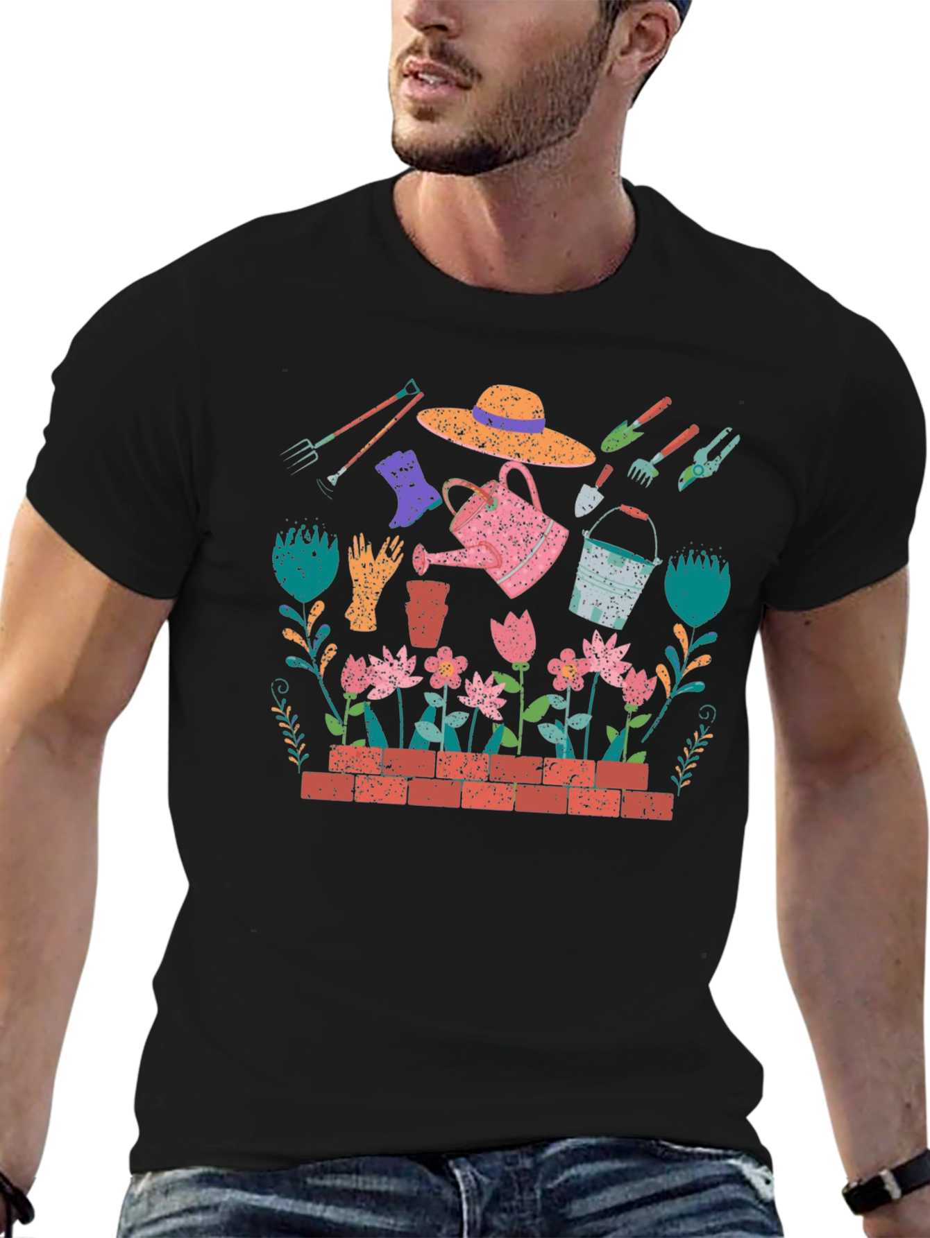 Gardening Print T-Shirt - Black Cotton Tee