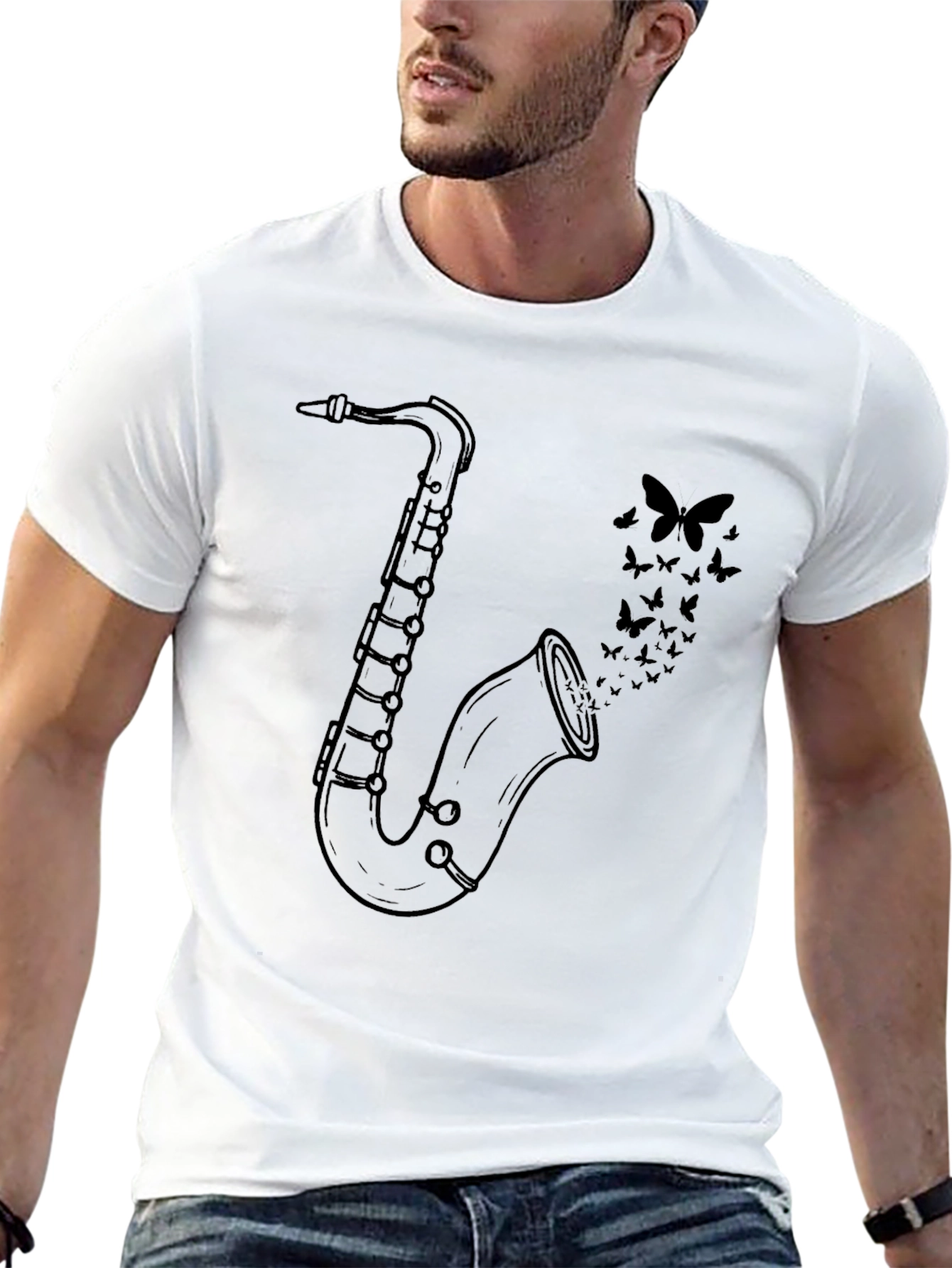 Saxophone Butterfly Graphic Tee - Classic Black Cotton Shirt