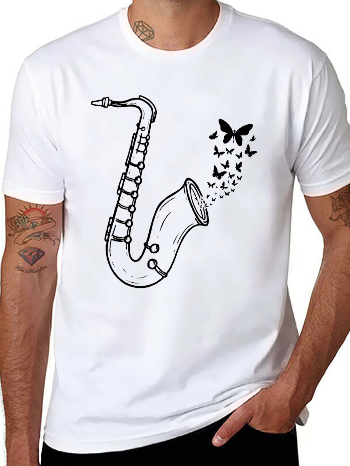 Saxophone Butterfly Graphic Tee - Classic Black Cotton Shirt
