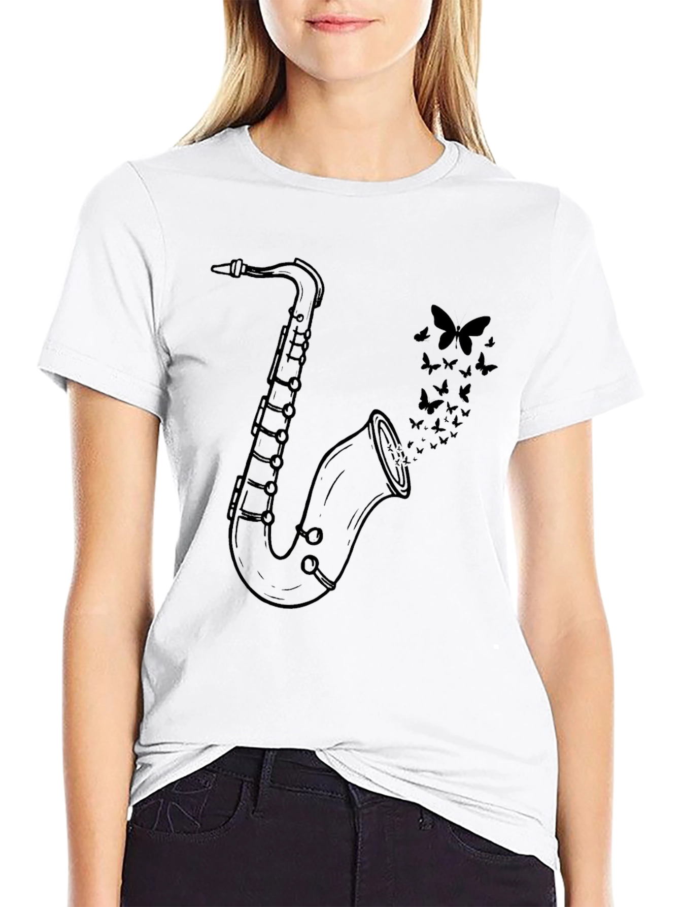 Saxophone Butterfly Graphic Tee - Classic Black Cotton Shirt