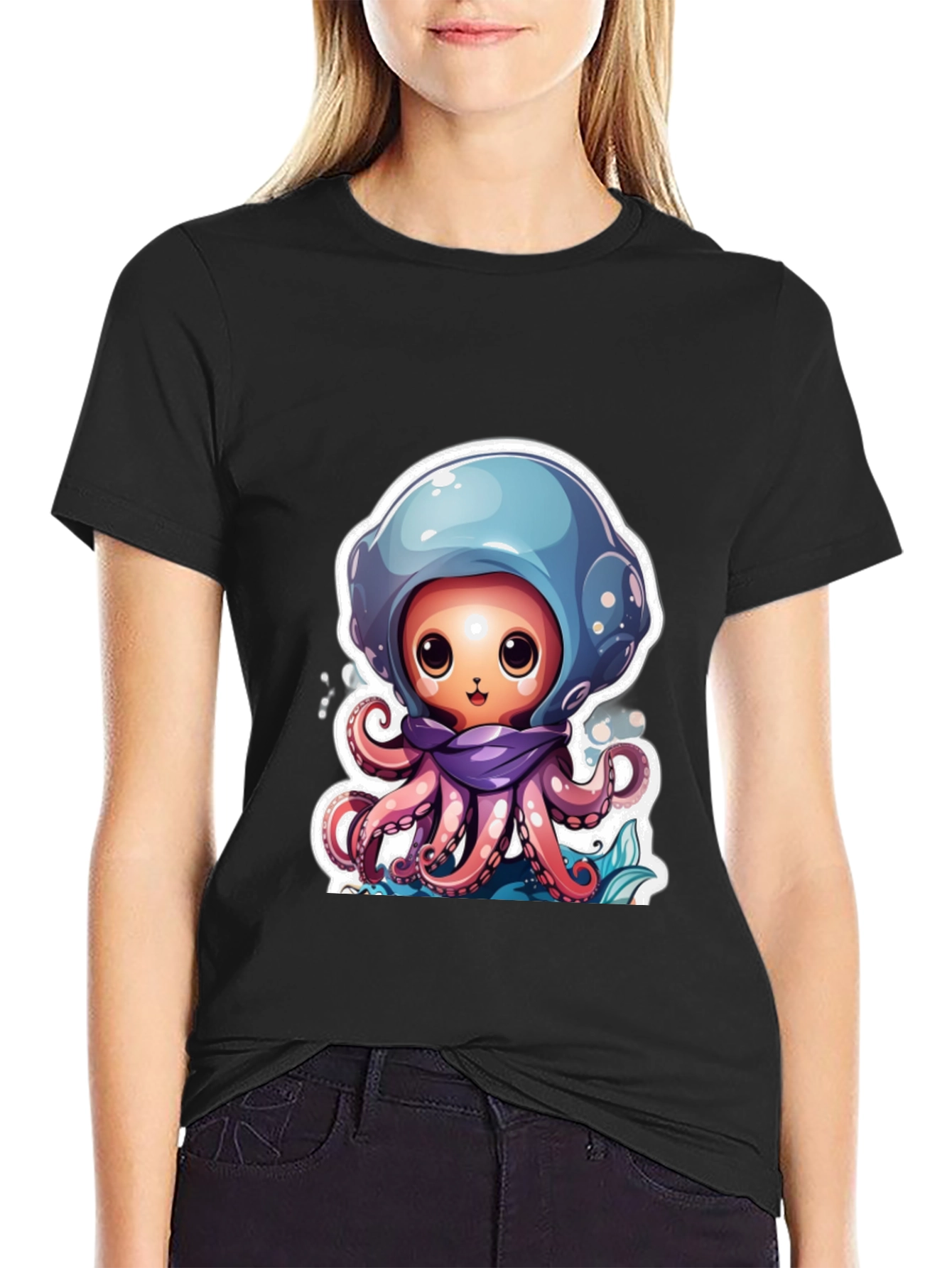 Cute Octopus Cartoon Graphic T-Shirt - Black