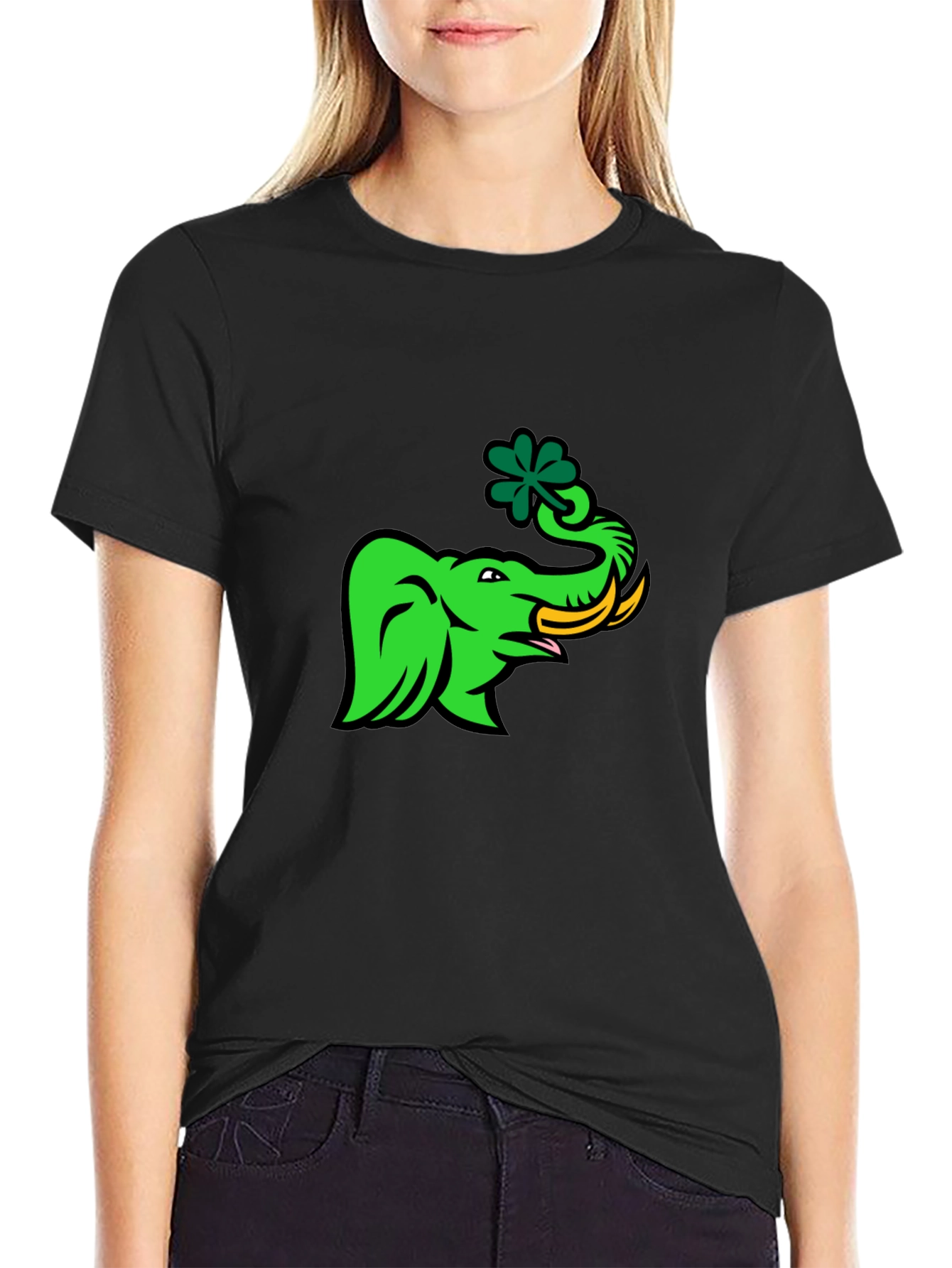Green Elephant with Shamrock Graphic T-Shirt