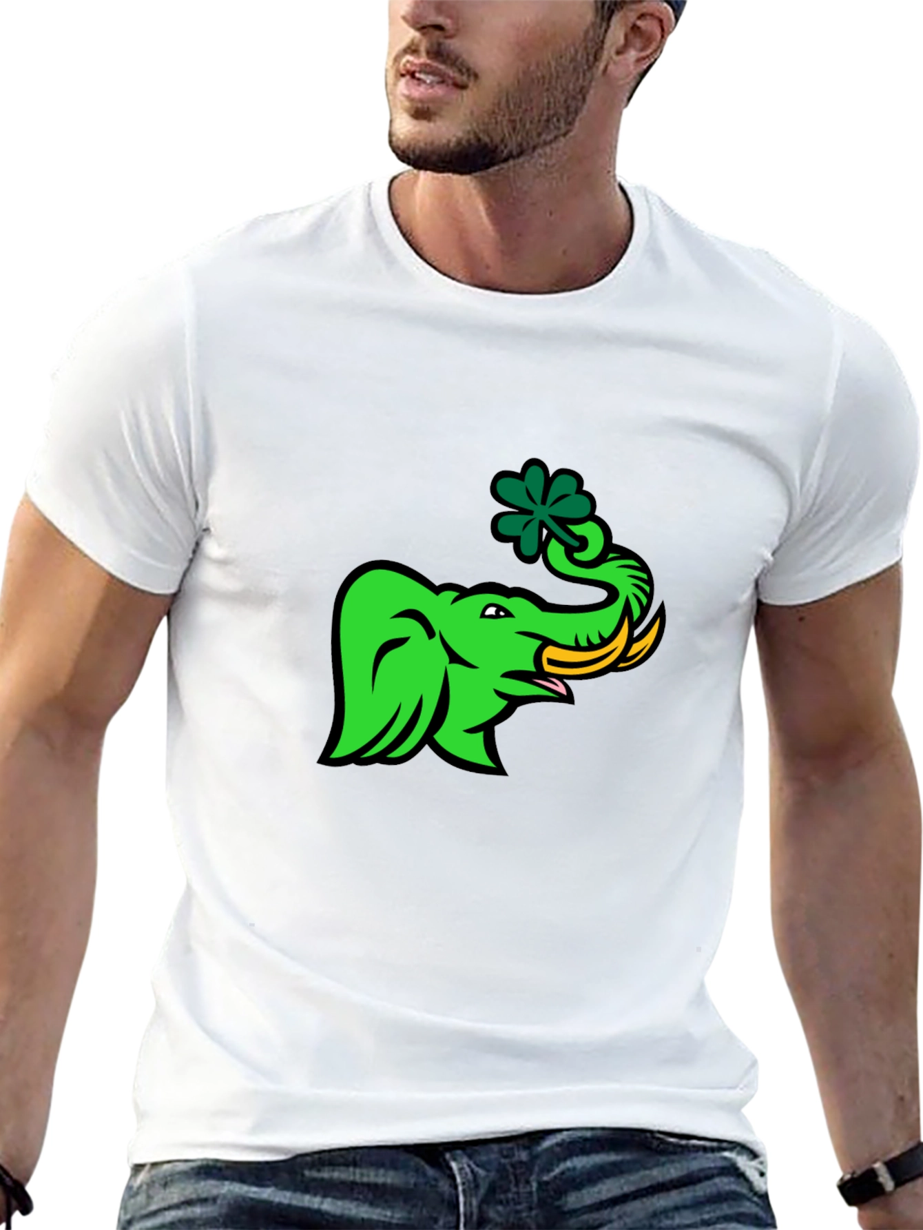 Green Elephant with Shamrock Graphic T-Shirt