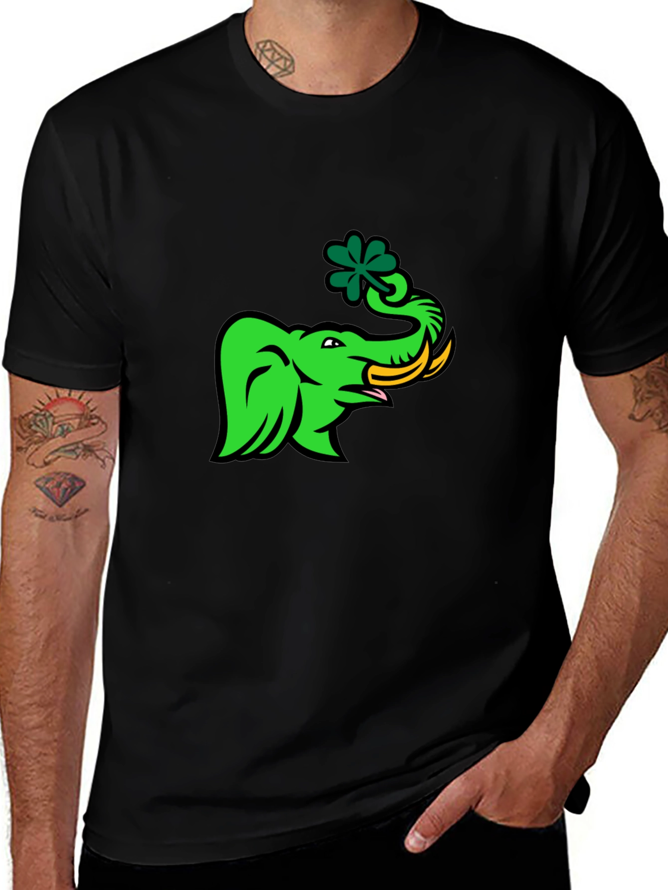 Green Elephant with Shamrock Graphic T-Shirt