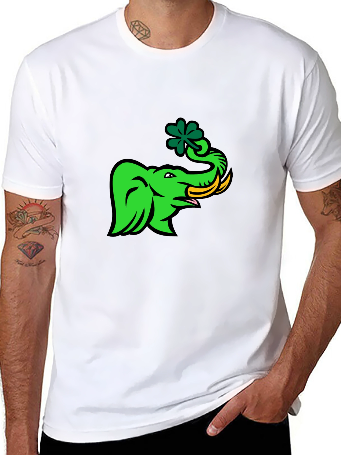 Green Elephant with Shamrock Graphic T-Shirt