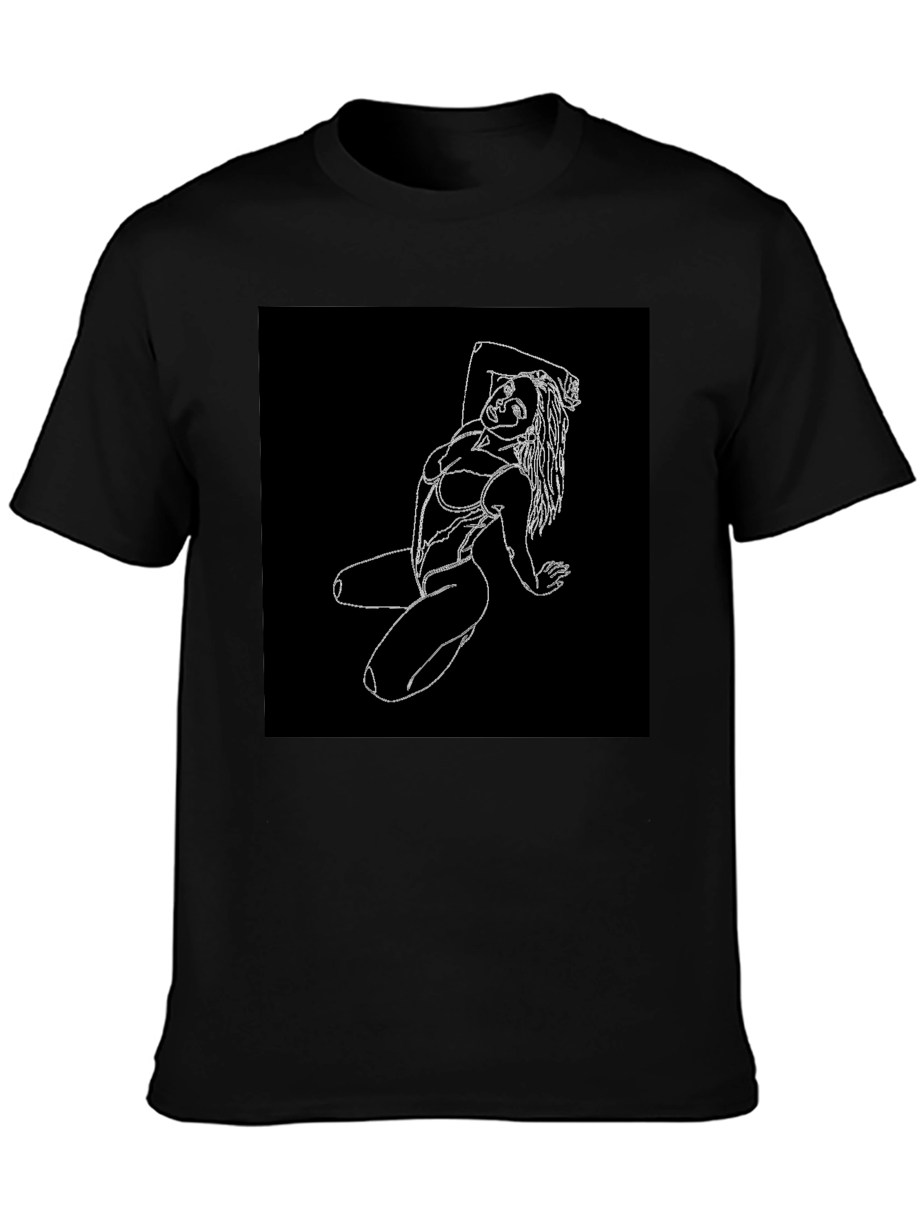 Black T-Shirt with White Line Art Woman Graphic