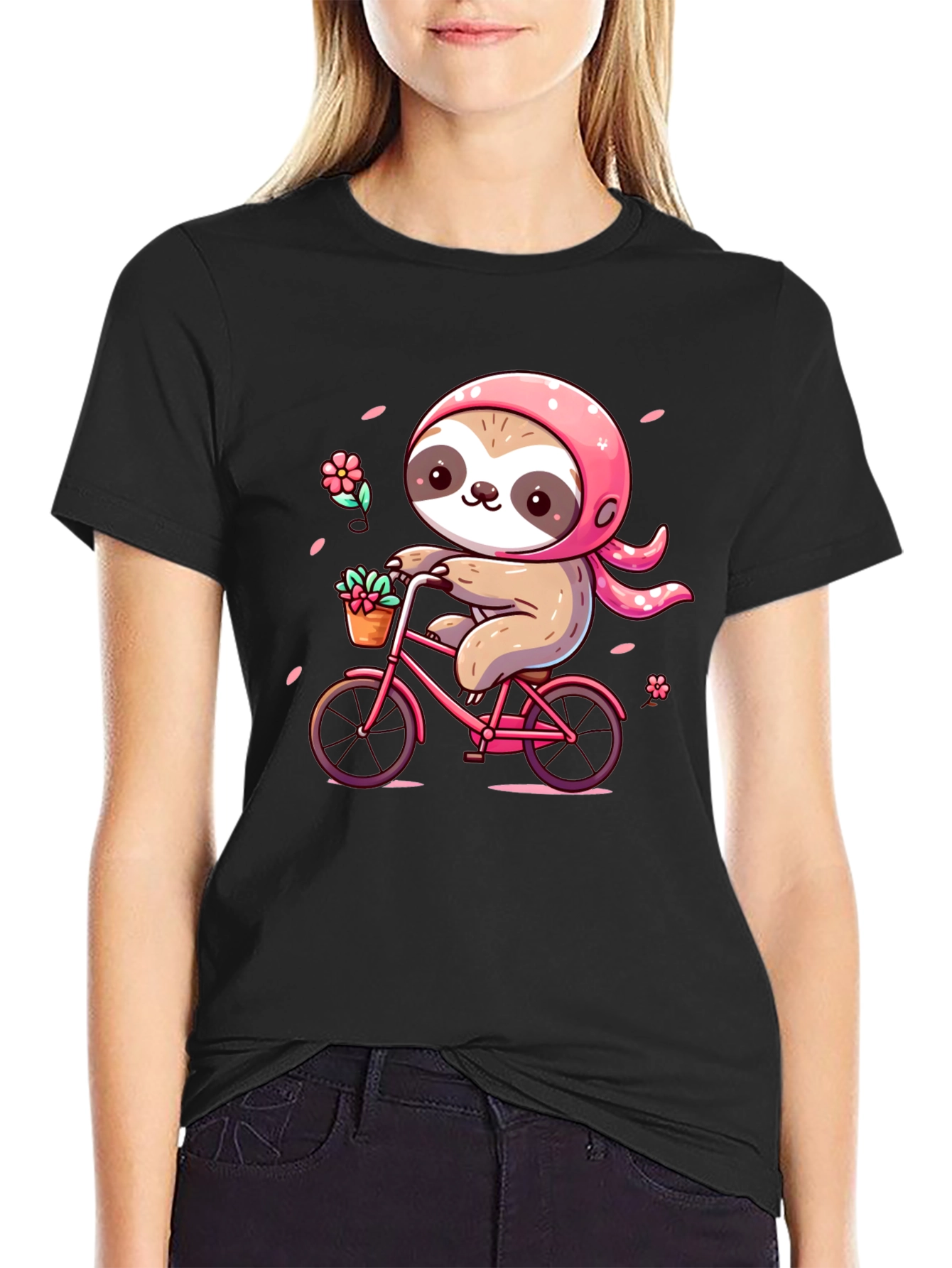 Cute Sloth on Bike Graphic Tee - Black T-Shirt
