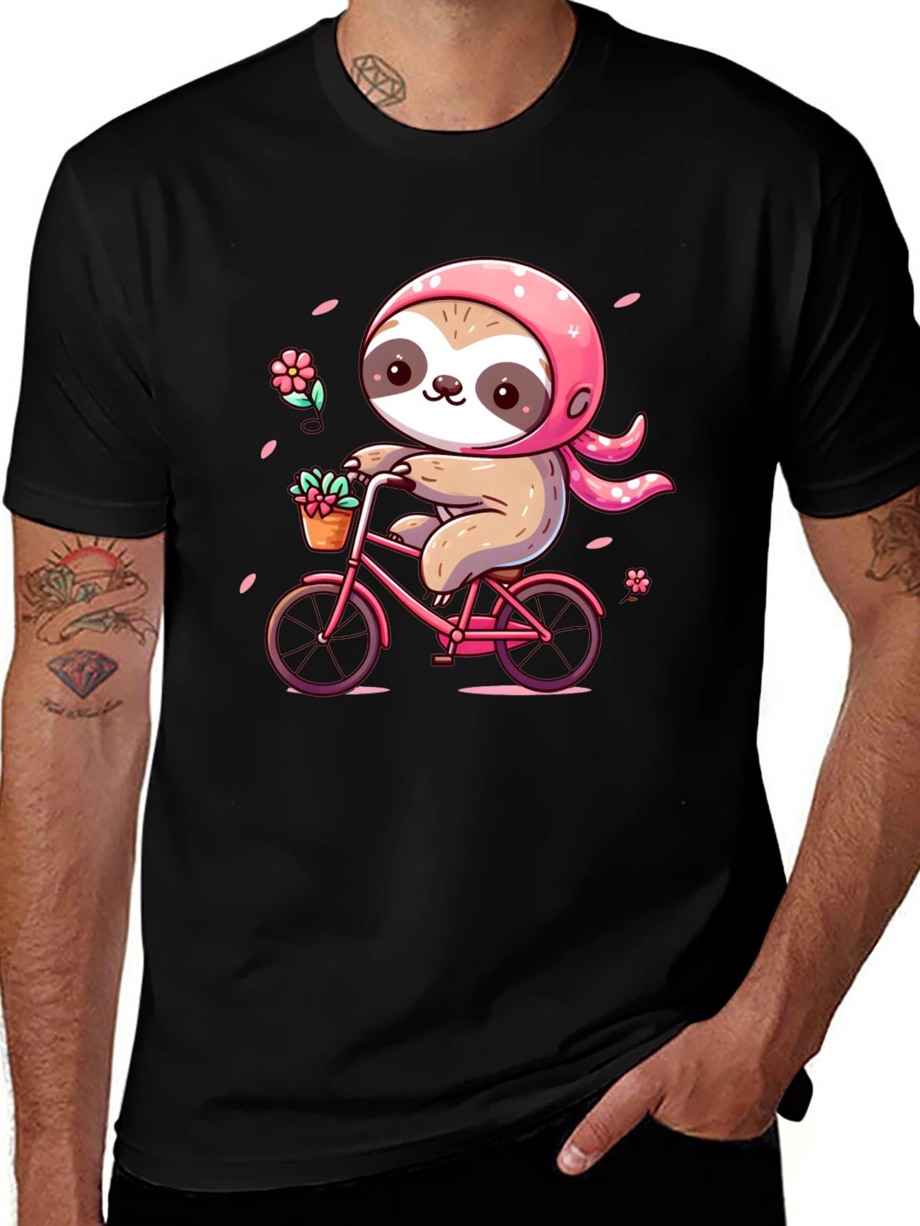 Cute Sloth on Bike Graphic Tee - Black T-Shirt
