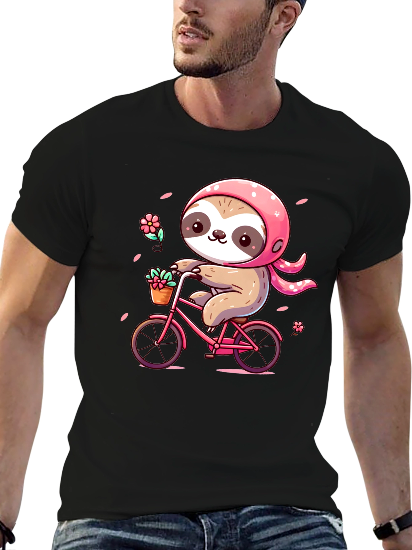 Cute Sloth on Bike Graphic Tee - Black T-Shirt