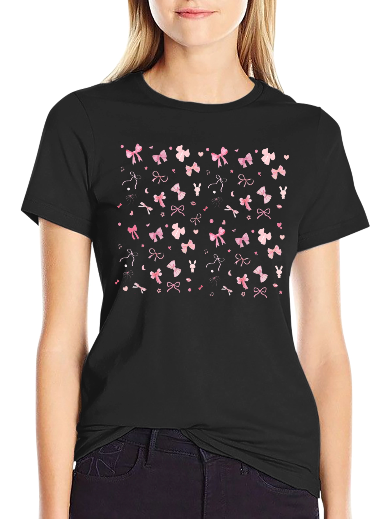 Pink Bow & Hearts Black T-Shirt