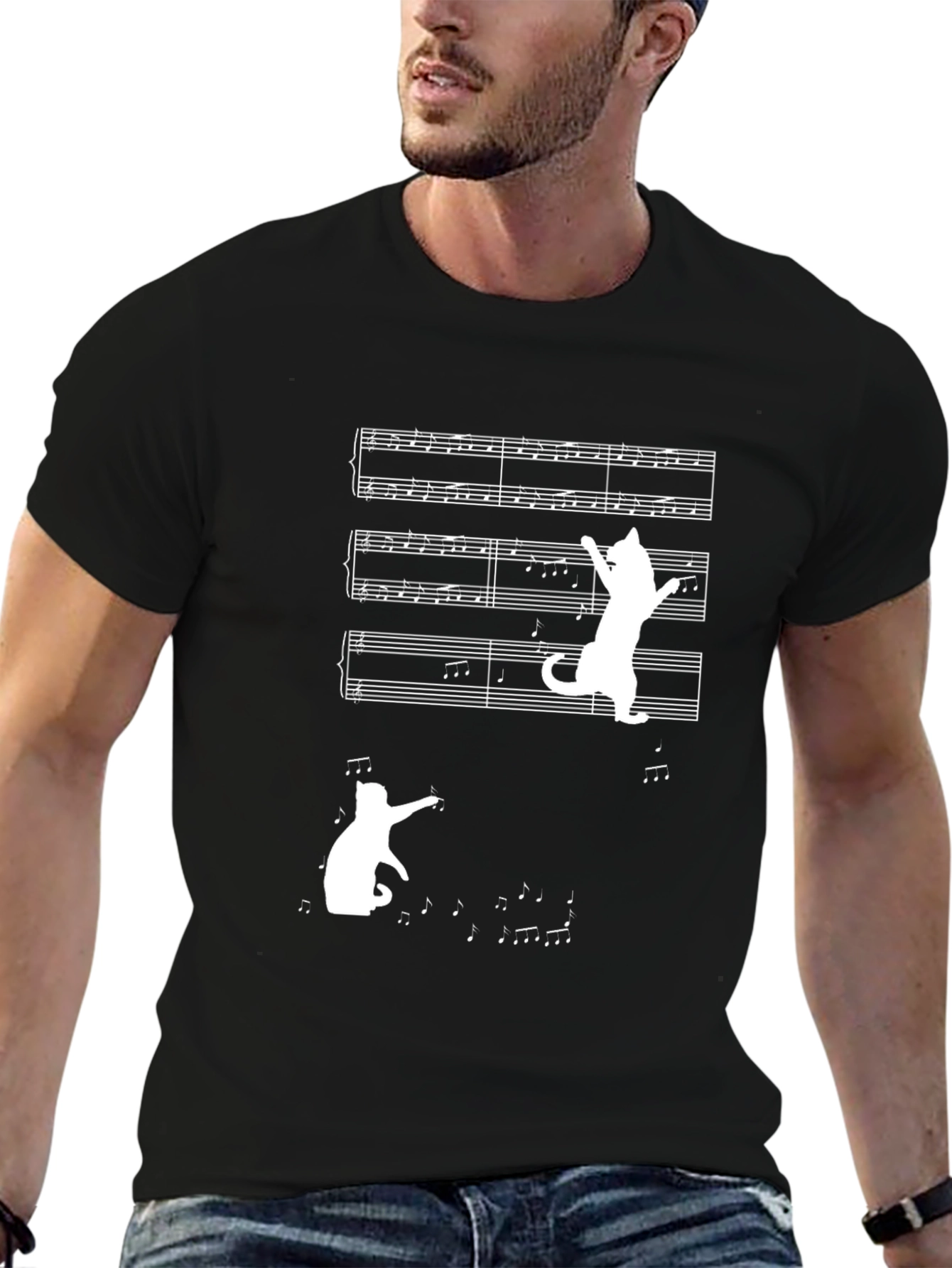 Musical Cat Tee - Black Cotton T-Shirt