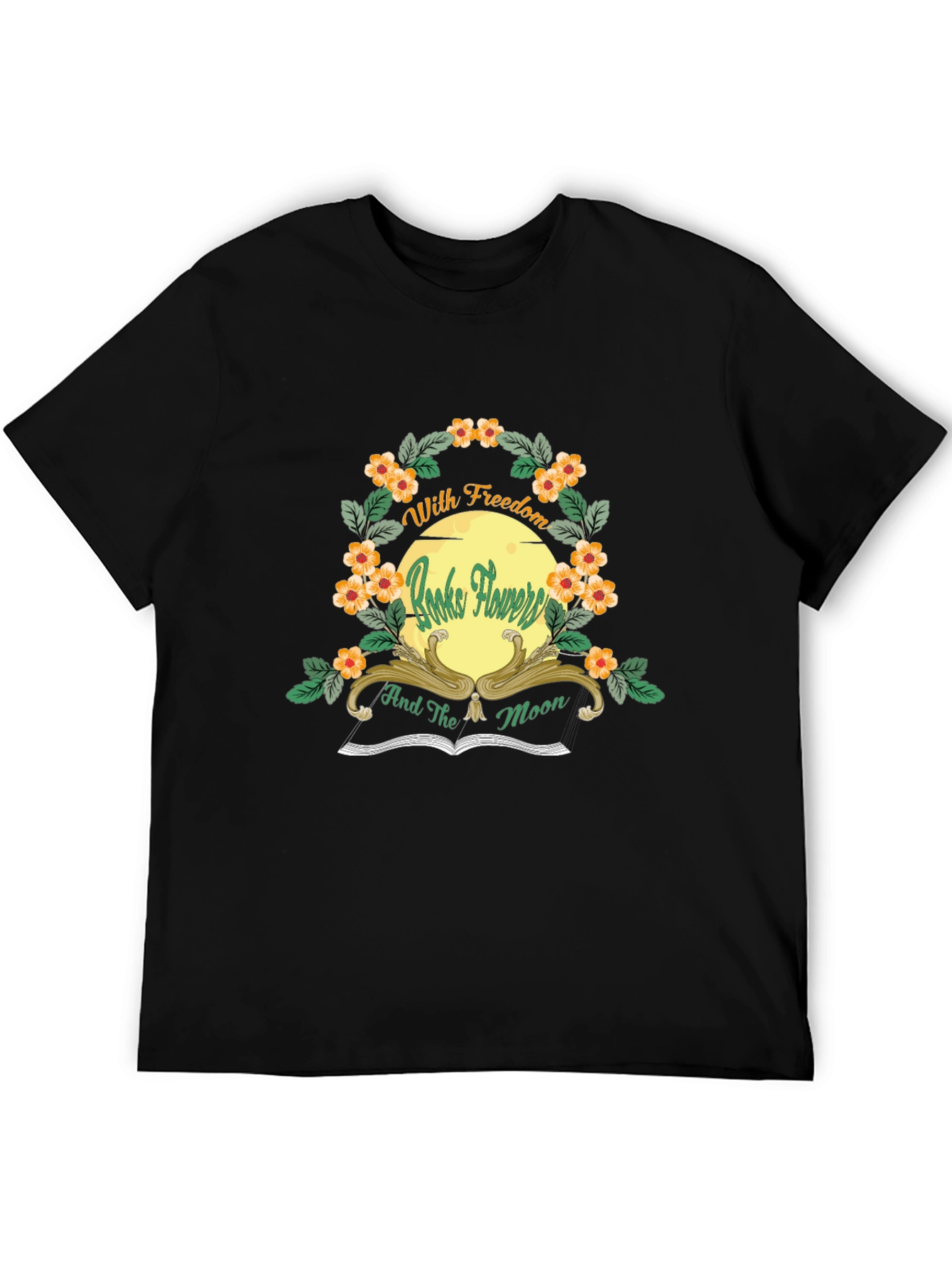 With Freedom Books Flowers and the Moon Black T-Shirt