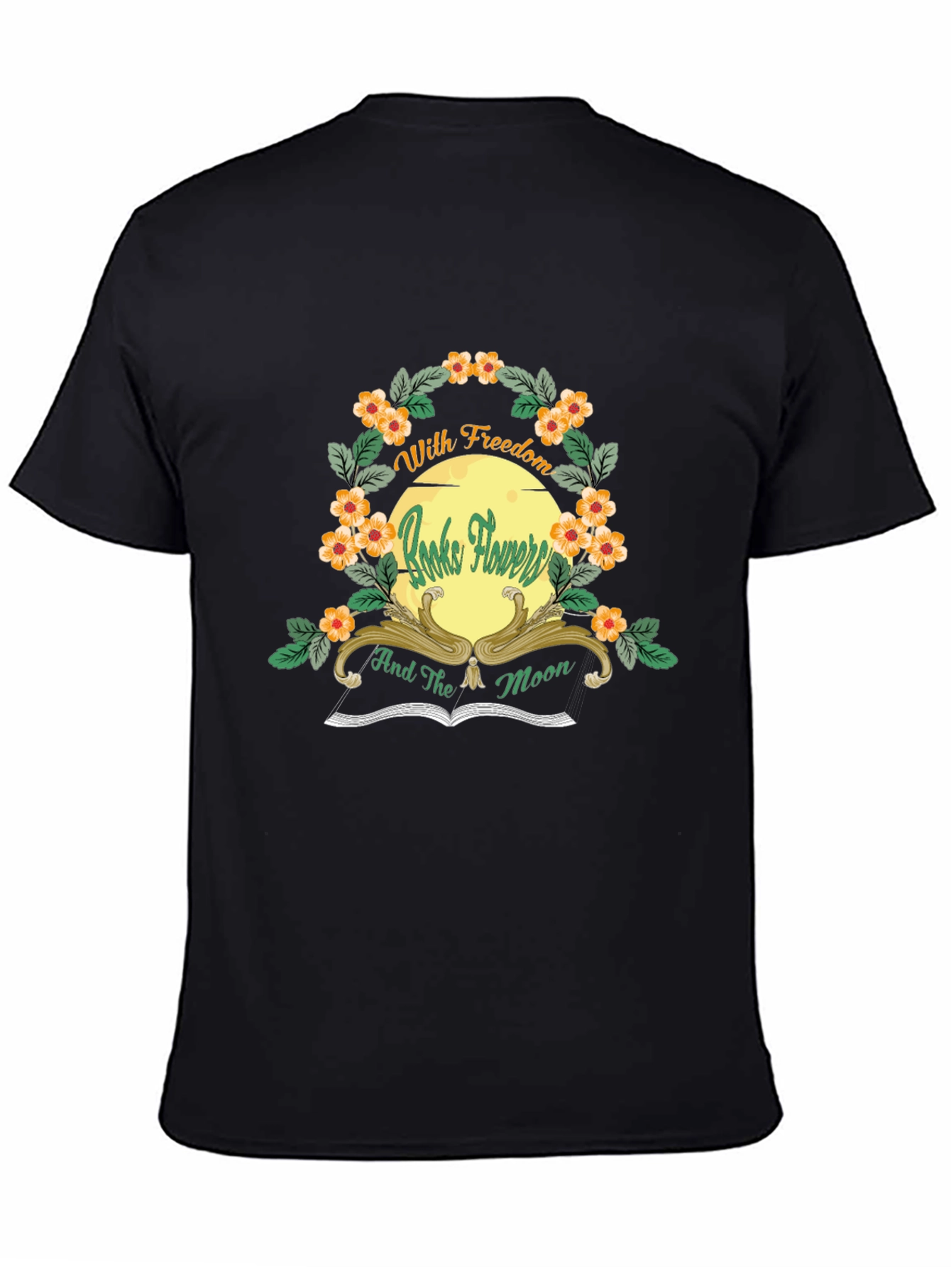 With Freedom Books Flowers and the Moon Black T-Shirt